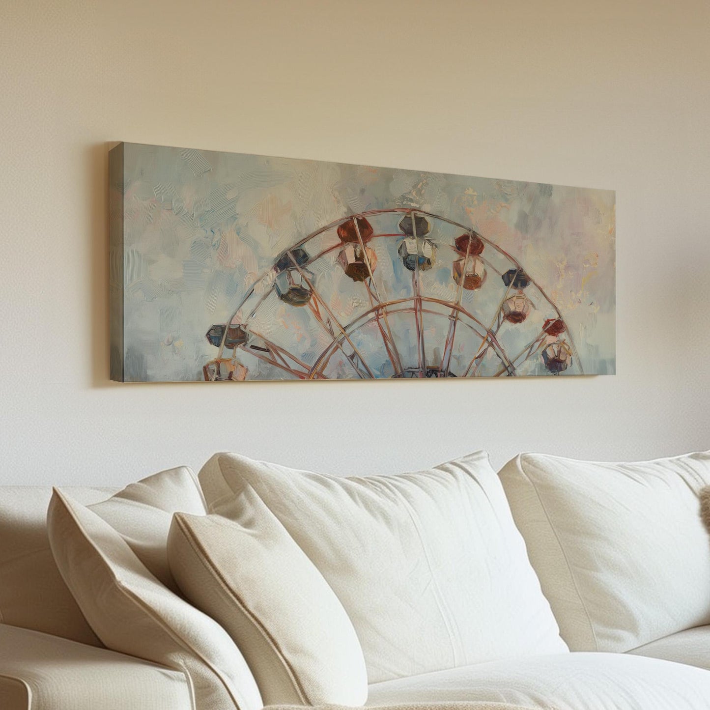 Ferris Wheel Muted Oil Panoramic Wall Art Whimsical, Panorama Amusement Park Canvas Print, Rustic Americana Decor Canvas Art
