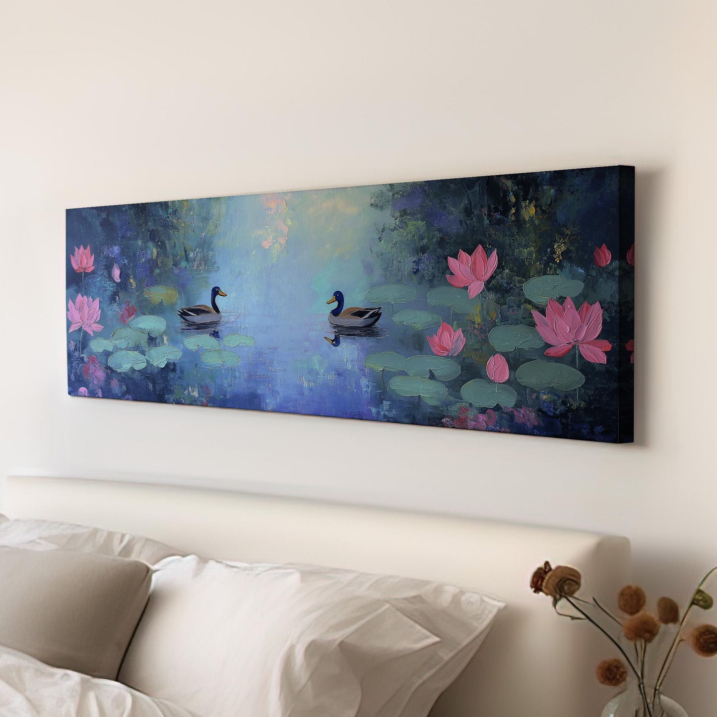 Ducks at the Lotus Lake Panoramic Wall Art Lake Scene, Panorama Quiet Pond Canvas Print, Tranquil Decor Canvas Art
