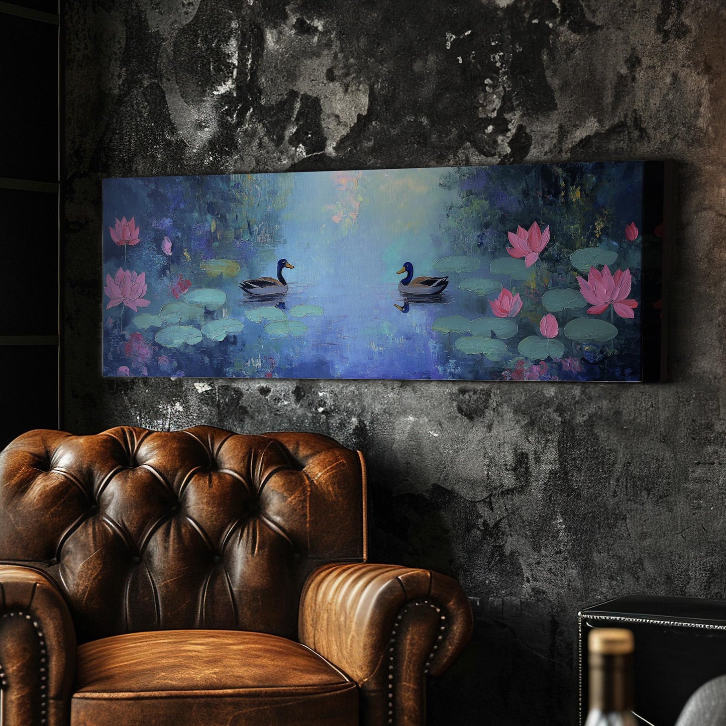 Ducks at the Lotus Lake Panoramic Wall Art Lake Scene, Panorama Quiet Pond Canvas Print, Tranquil Decor Canvas Art