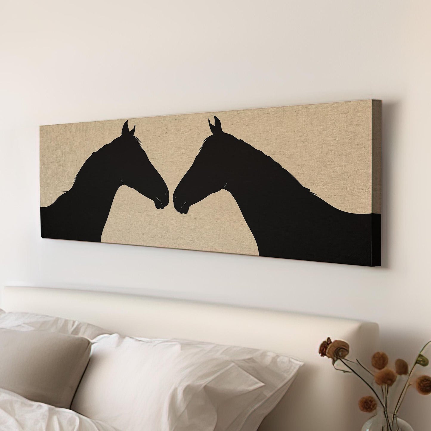 Cute Horse Couple Panoramic Wall Art Farmhouse, Panorama Animal Canvas Print, Horse Farm Decor Canvas Art
