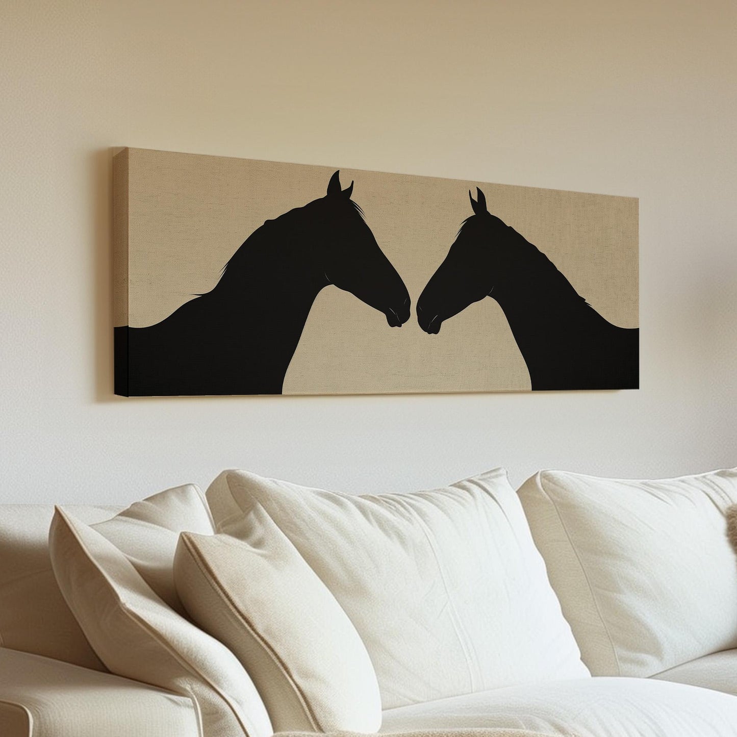 Cute Horse Couple Panoramic Wall Art Farmhouse, Panorama Animal Canvas Print, Horse Farm Decor Canvas Art
