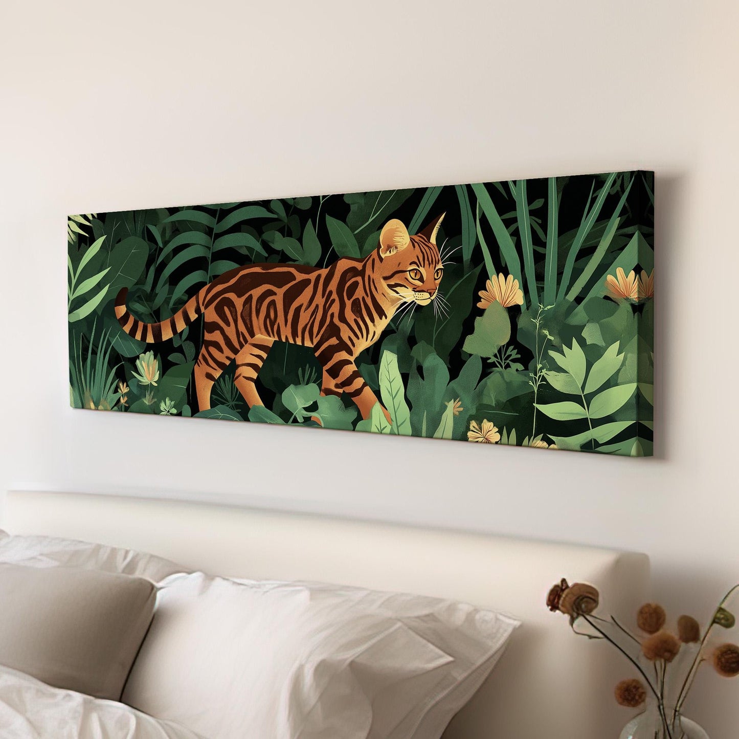 Cute Bengal Cat In The Woods Panoramic Wall Art Pet, Panorama Adorable Canvas Print, Minimal Decor Canvas Art