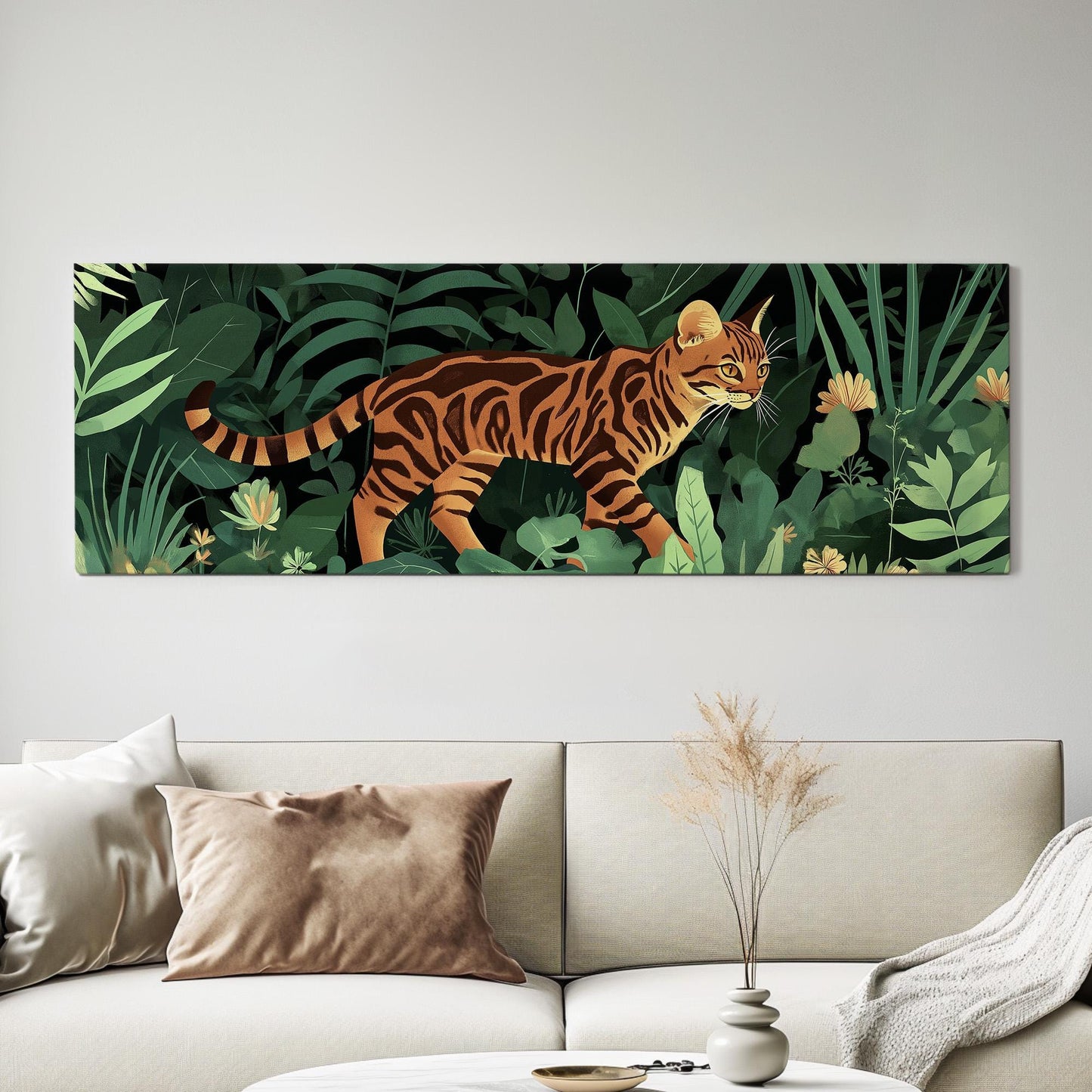 Cute Bengal Cat In The Woods Panoramic Wall Art Pet, Panorama Adorable Canvas Print, Minimal Decor Canvas Art