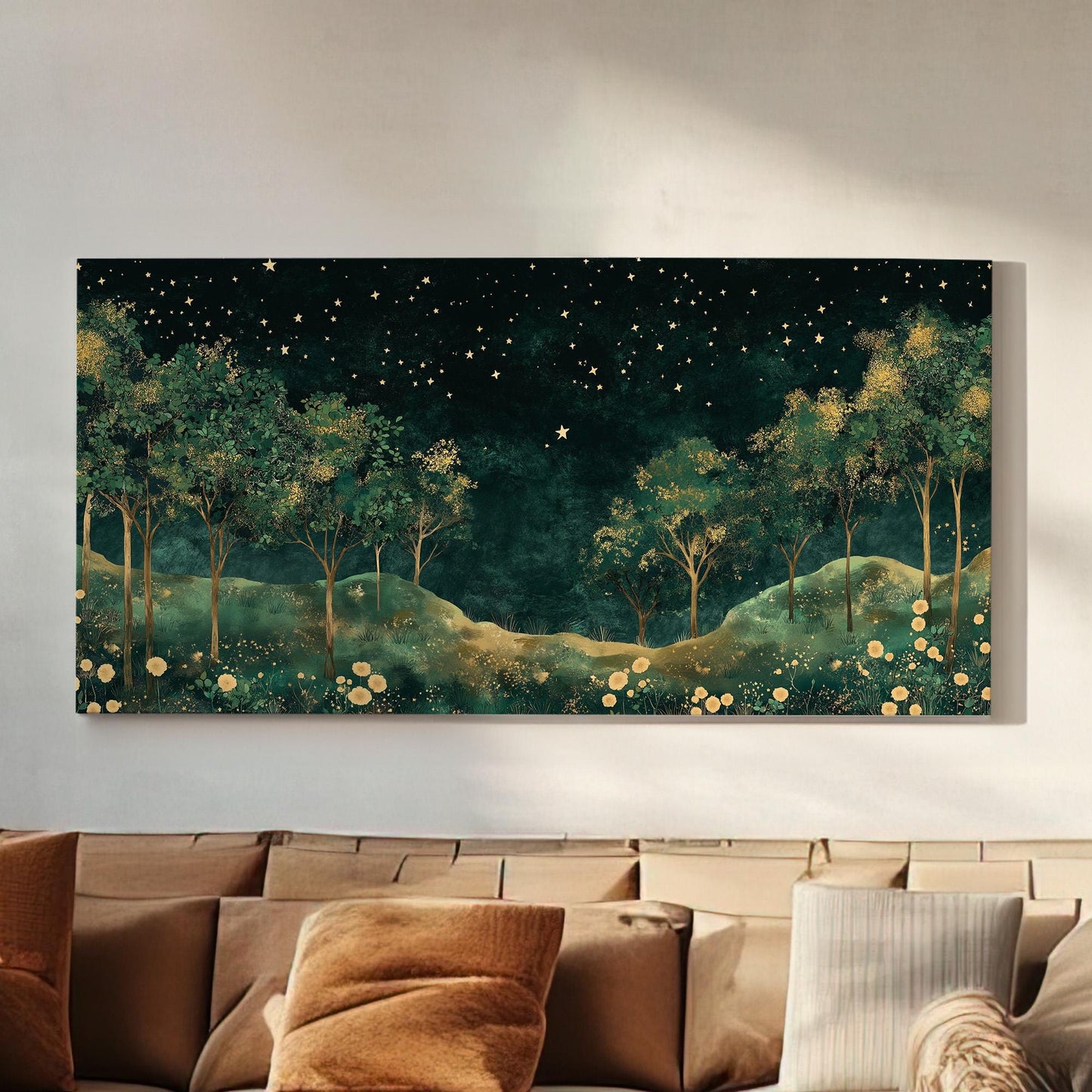 Starry Night In The Forest Canvas Wall Art For Living Room, Landscape Golden Landscape Canvas Print, Rustic Country Large Canvas Art