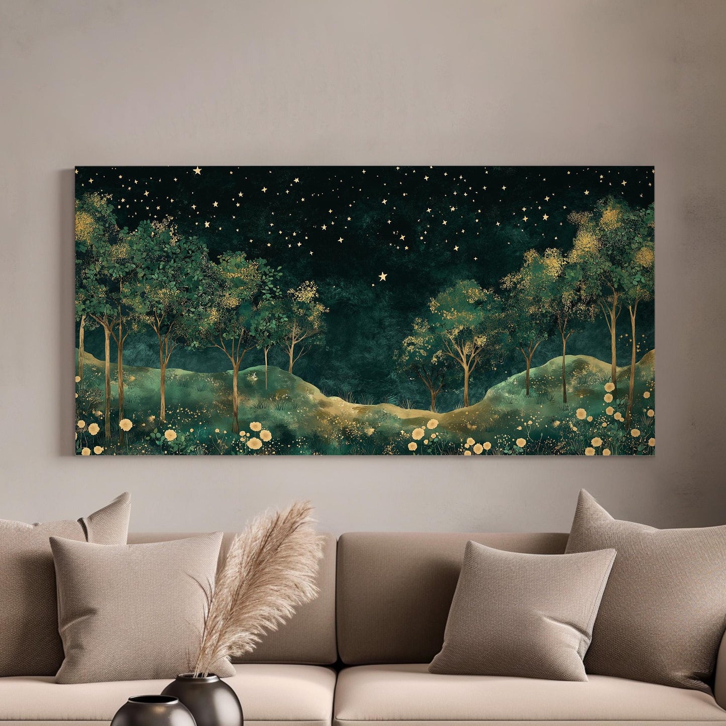 Starry Night In The Forest Canvas Wall Art For Living Room, Landscape Golden Landscape Canvas Print, Rustic Country Large Canvas Art