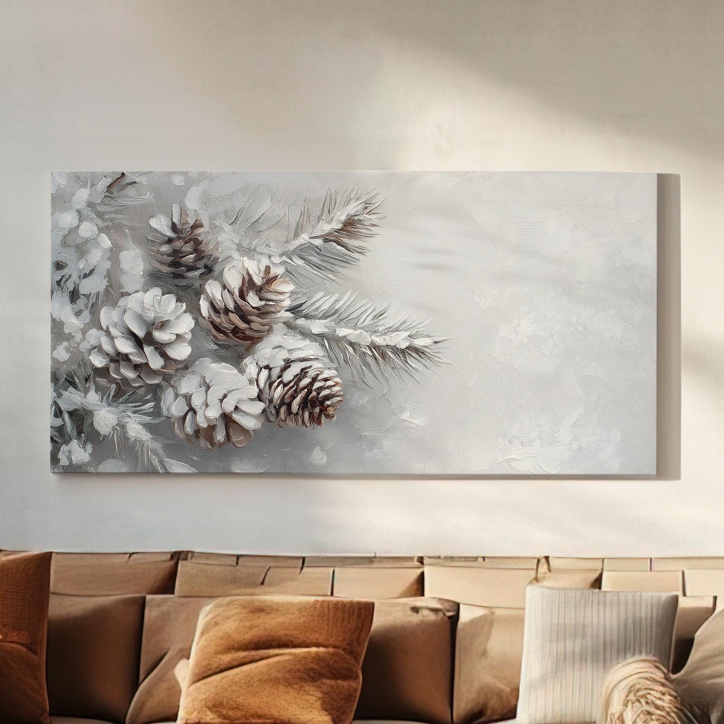 Snowy Pine Tree Cone Canvas Wall Art For Living Room, Landscape Winter Canvas Print, Farmhouse Large Canvas Art