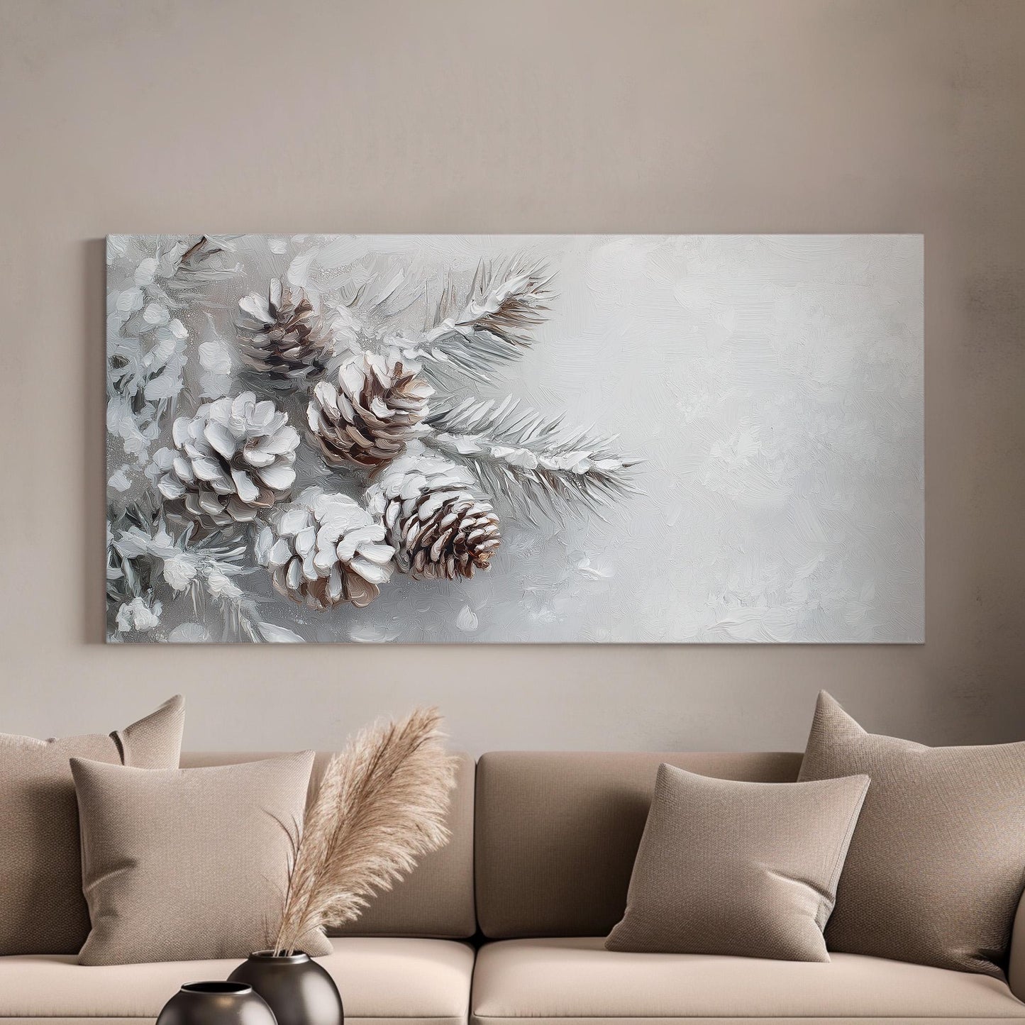 Snowy Pine Tree Cone Canvas Wall Art For Living Room, Landscape Winter Canvas Print, Farmhouse Large Canvas Art