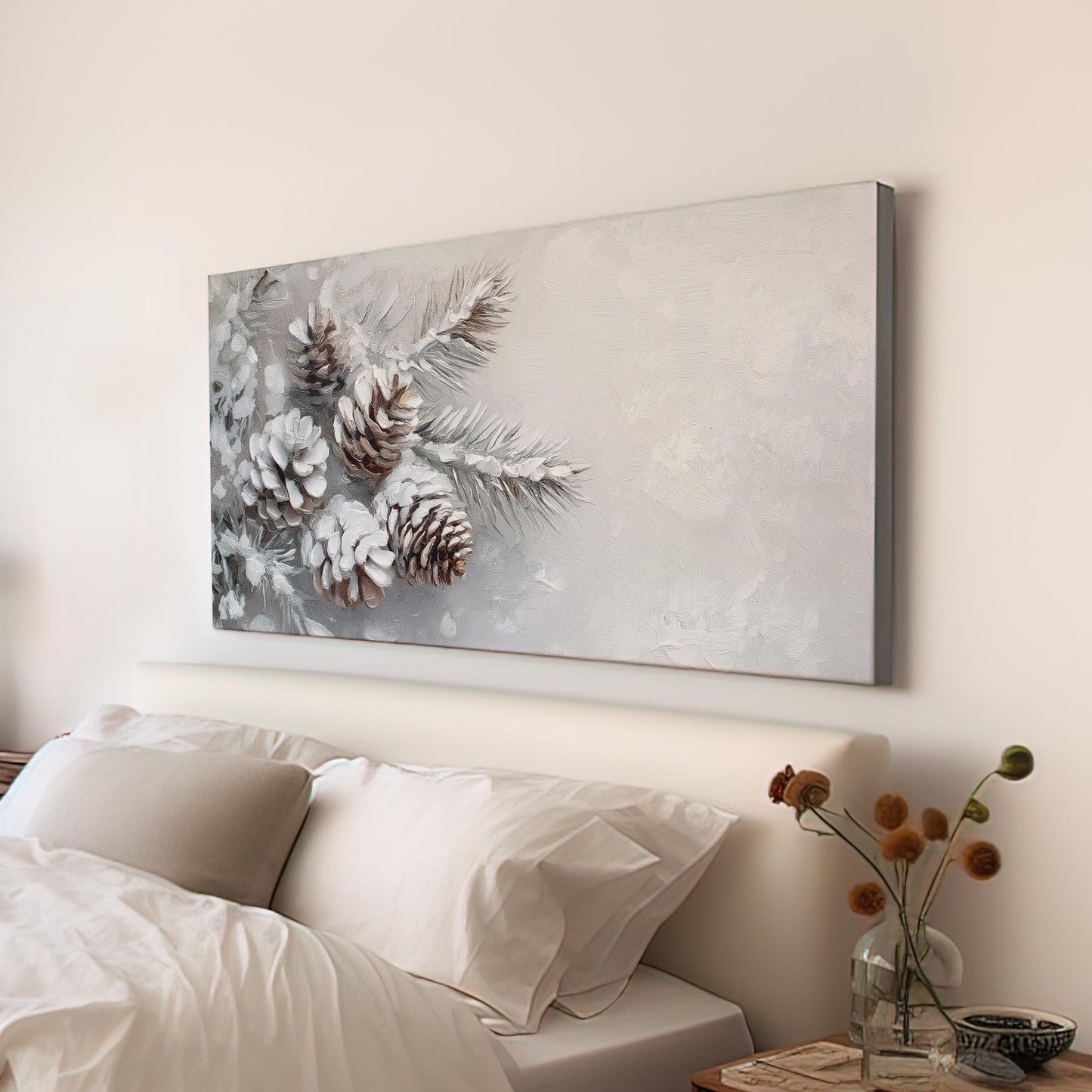 Snowy Pine Tree Cone Canvas Wall Art For Living Room, Landscape Winter Canvas Print, Farmhouse Large Canvas Art