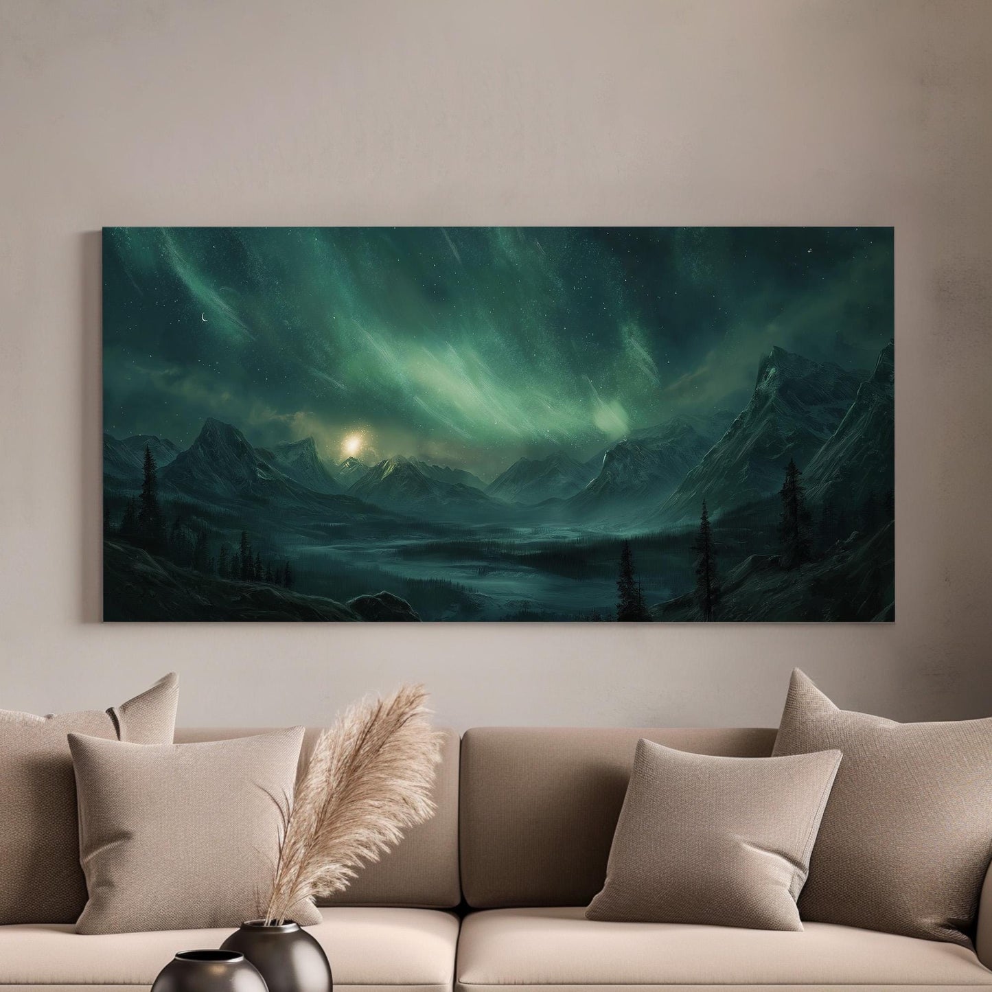 Snowy Mountains Canvas Wall Art For Living Room, Landscape Starry Sky Canvas Print, Aurora Borealis Large Canvas Art