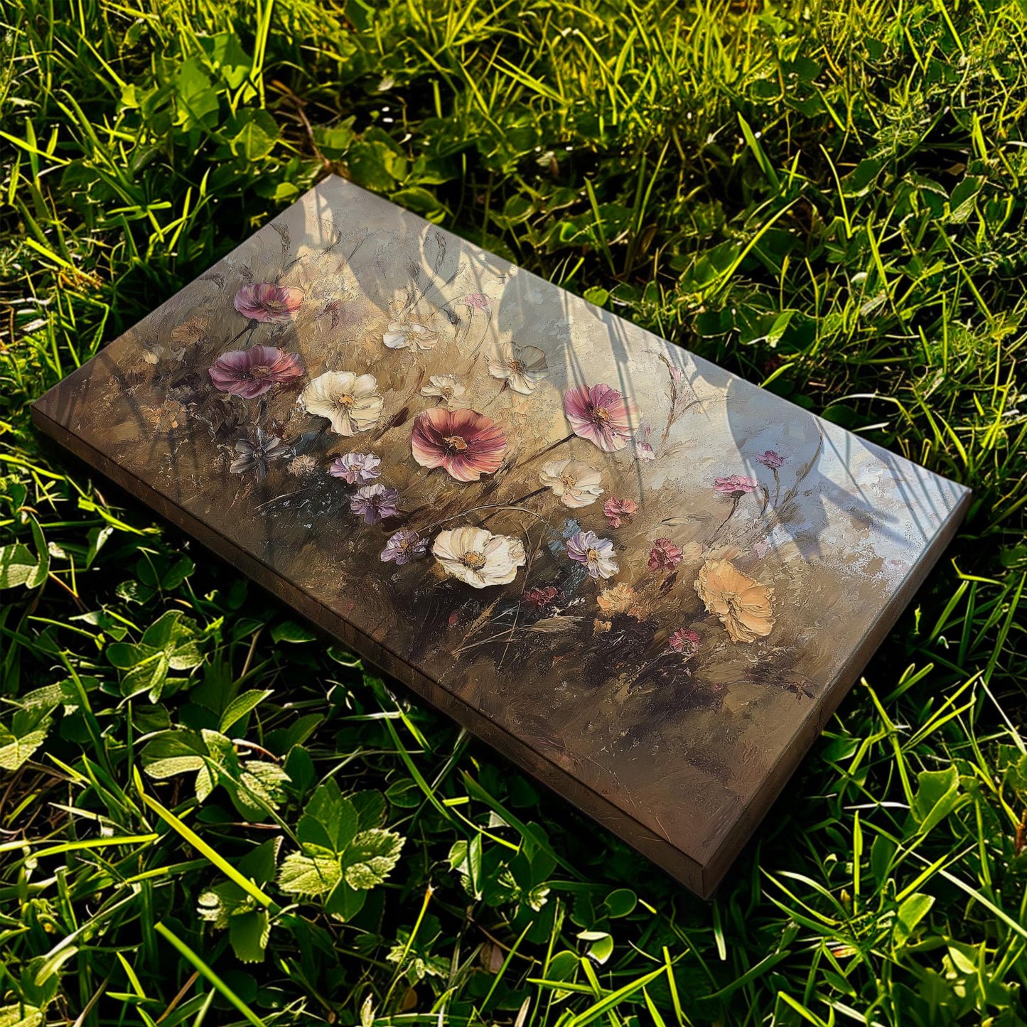 Rustic Wildflowers Canvas Wall Art For Living Room, Landscape Wildflower Meadow Canvas Print, Vintage Large Canvas Art