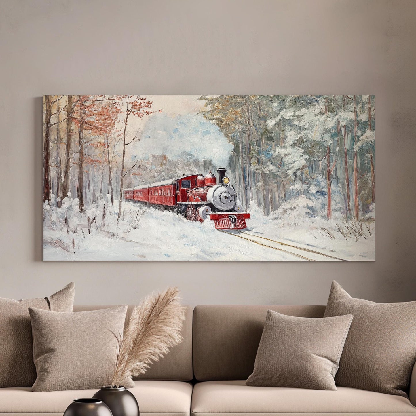 Red Train In Winter Snow Canvas Wall Art For Living Room, Landscape Railroad Canvas Print, Vintage Large Canvas Art