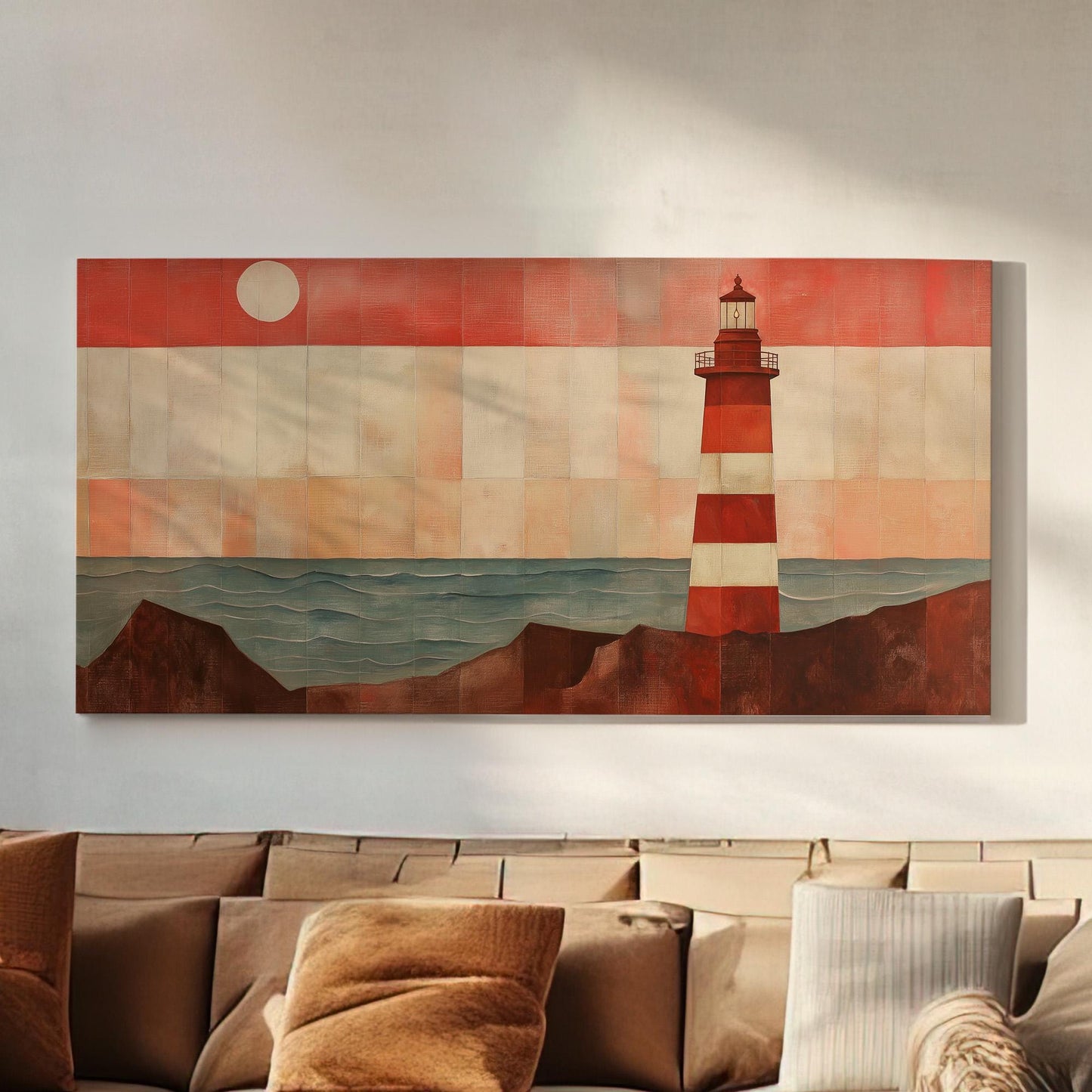 Red Lighthouse By The Ocean Canvas Wall Art For Living Room, Landscape Boathouse Canvas Print, Sea Coast Large Canvas Art