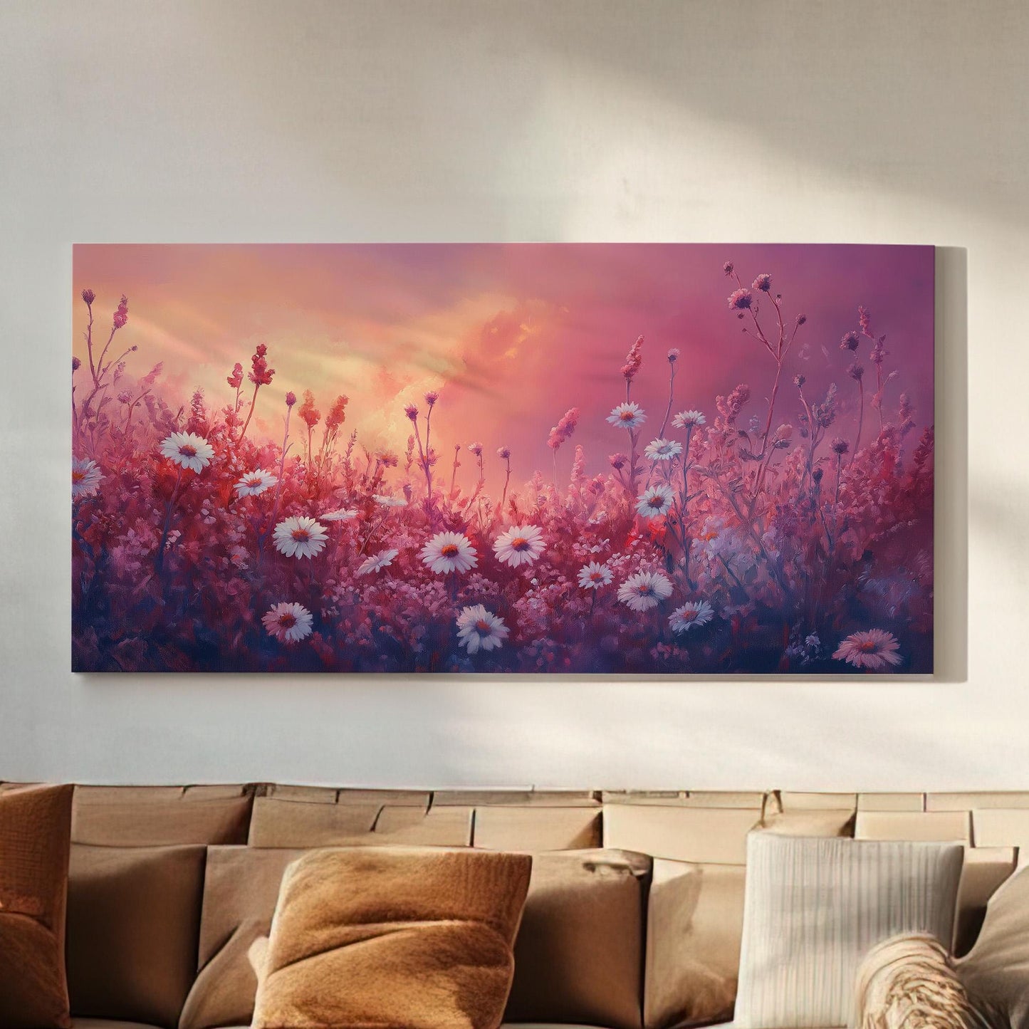 Pink Wildflower Meadow Canvas Wall Art For Living Room, Landscape Wildflower Field Canvas Print, Vintage Large Canvas Art
