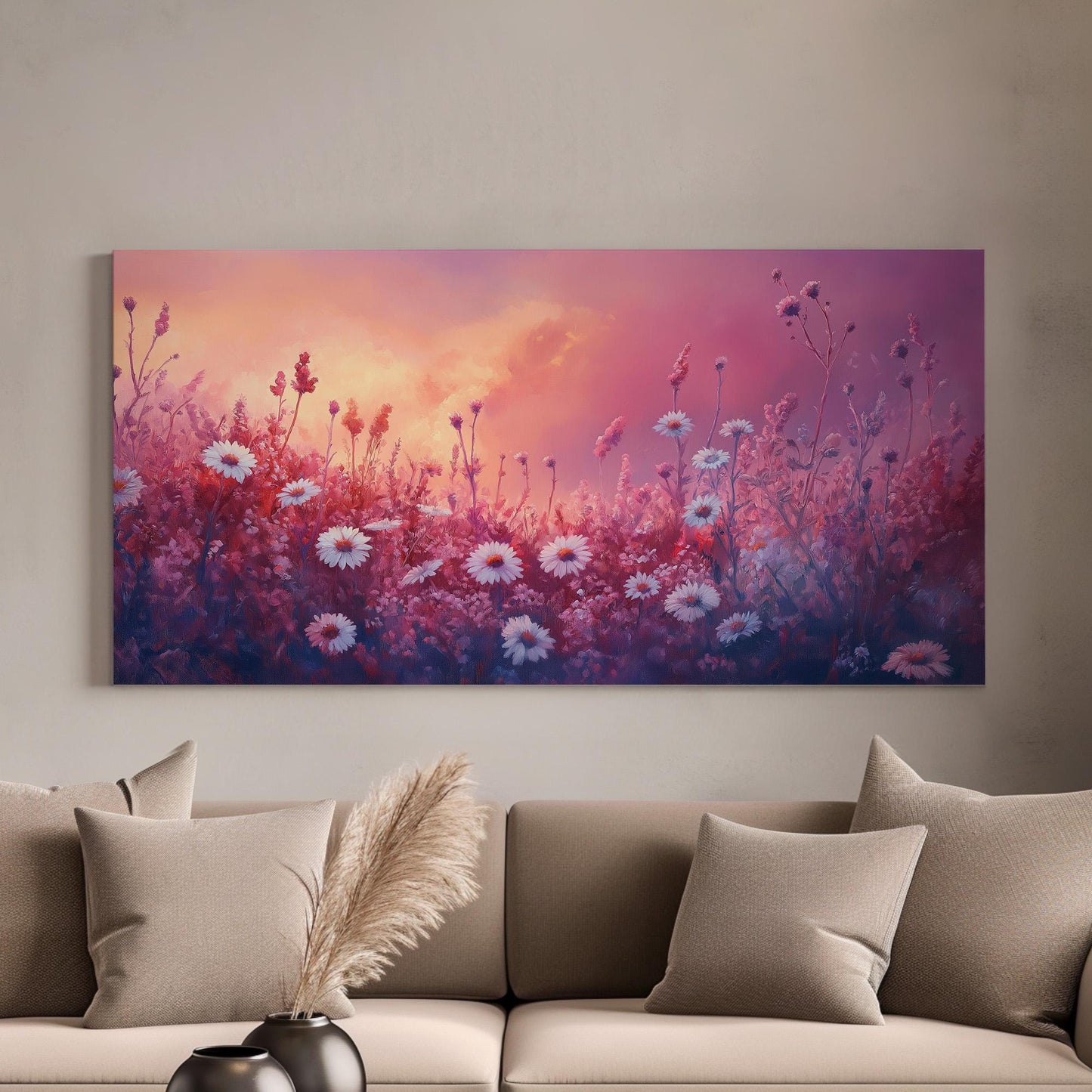 Pink Wildflower Meadow Canvas Wall Art For Living Room, Landscape Wildflower Field Canvas Print, Vintage Large Canvas Art