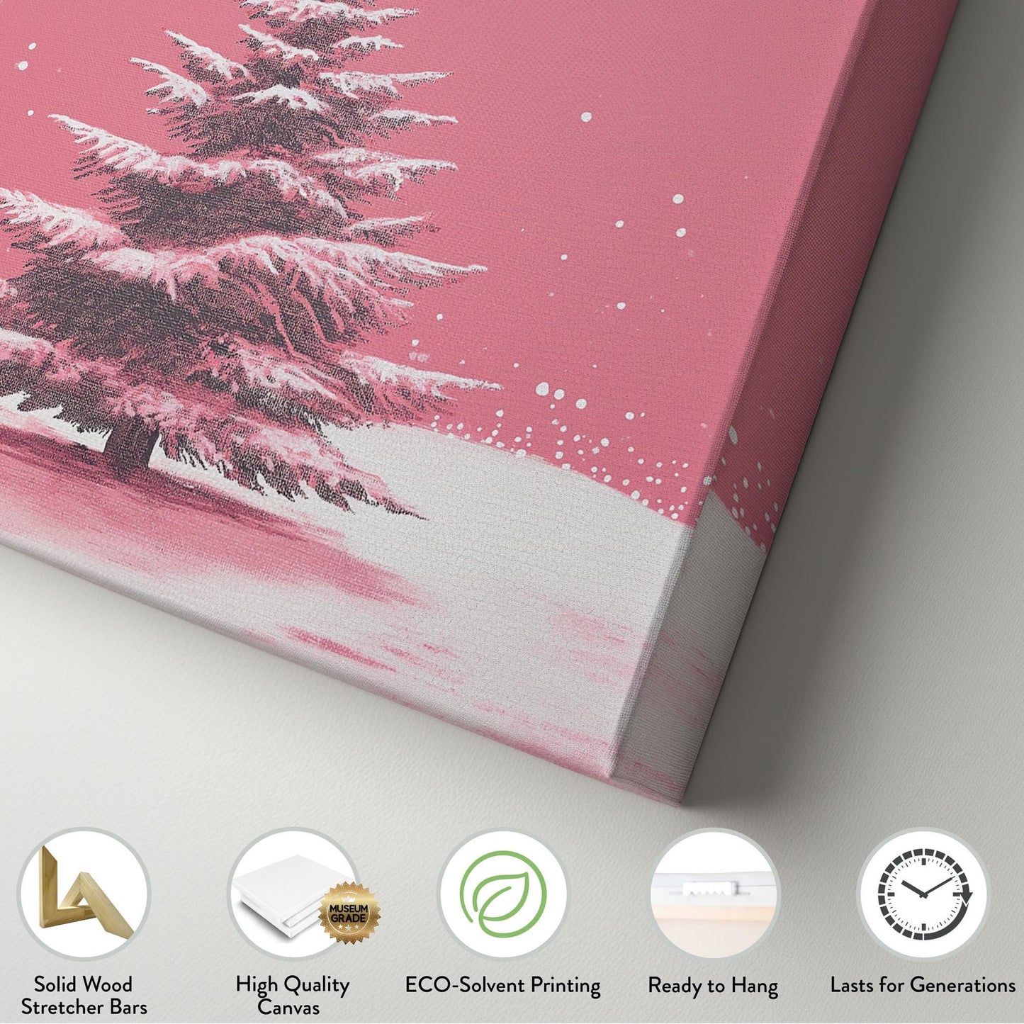 Pink Christmas Tree Canvas Wall Art For Living Room, Landscape Winter Canvas Print, Farmhouse Large Canvas Art