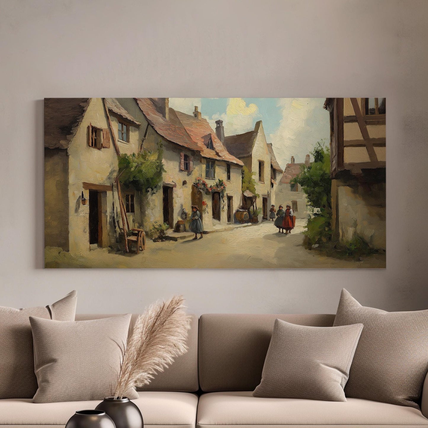 Medieval City Life Canvas Wall Art For Living Room, Landscape Dark Academia Canvas Print, Whimsical Large Canvas Art