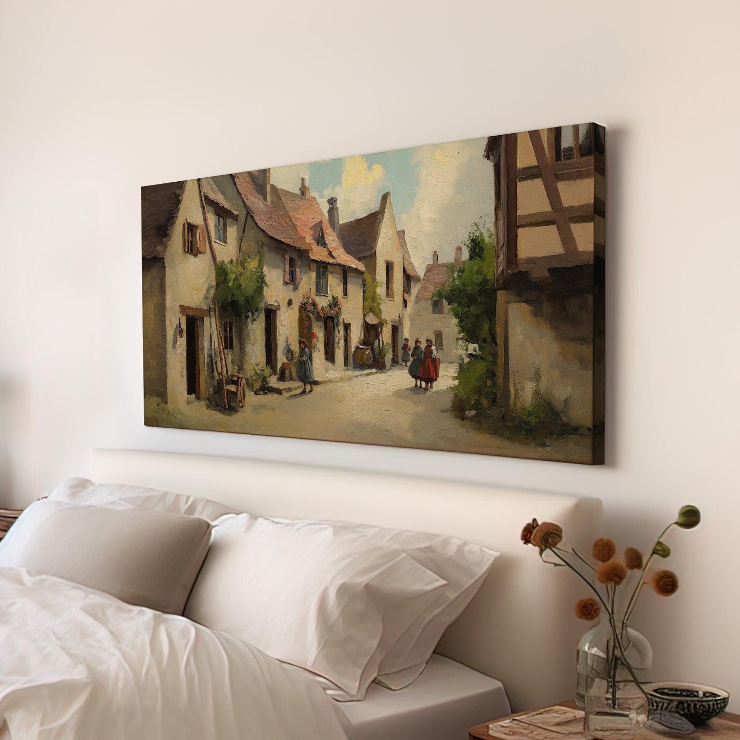 Medieval City Life Canvas Wall Art For Living Room, Landscape Dark Academia Canvas Print, Whimsical Large Canvas Art