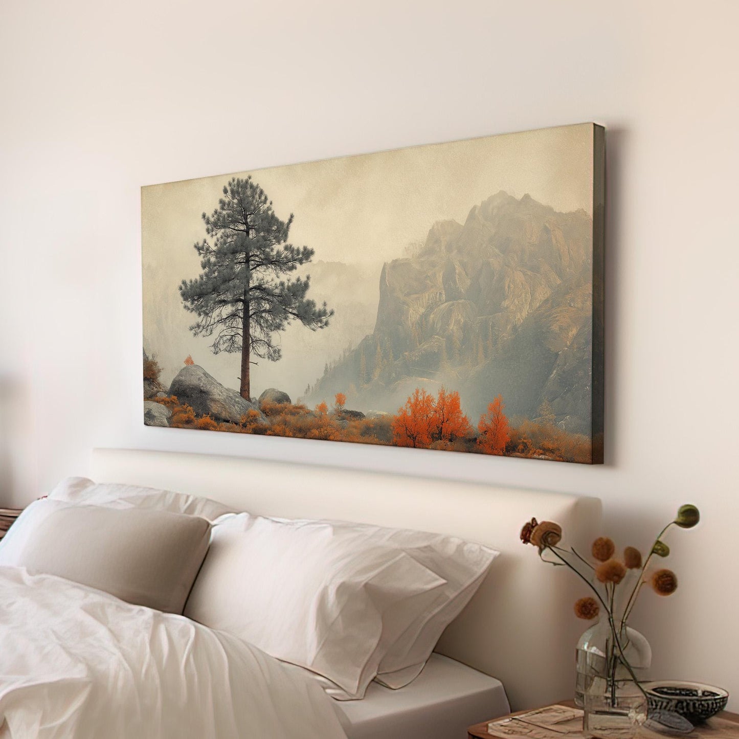 Lone Pine Tree At the Edge of the Mountain Canvas Wall Art For Living Room, Landscape Cozy Autumn Canvas Print, Rustic Fall Large Canvas Art