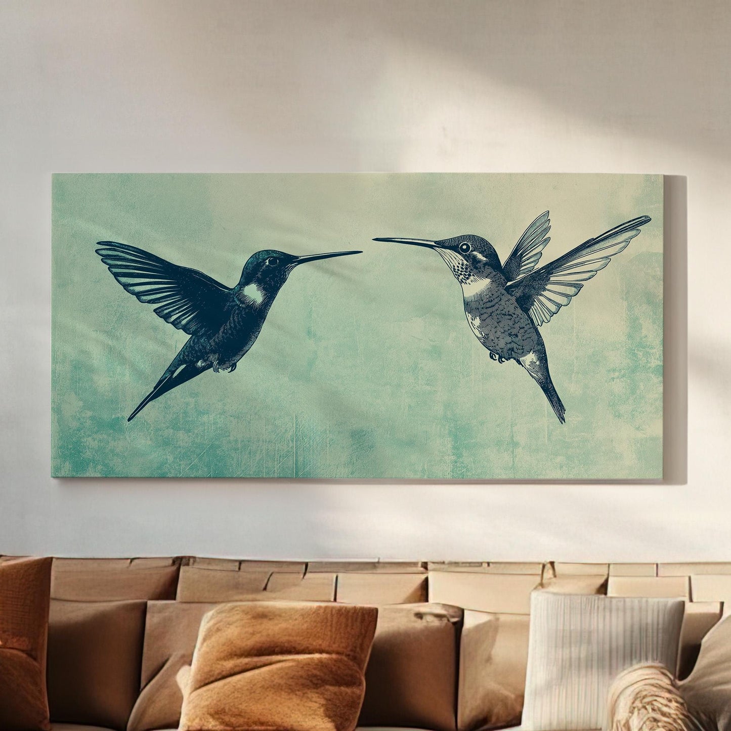 Hummingbird Couple Canvas Wall Art For Living Room, Landscape Elegant Canvas Print, Colibri Large Canvas Art