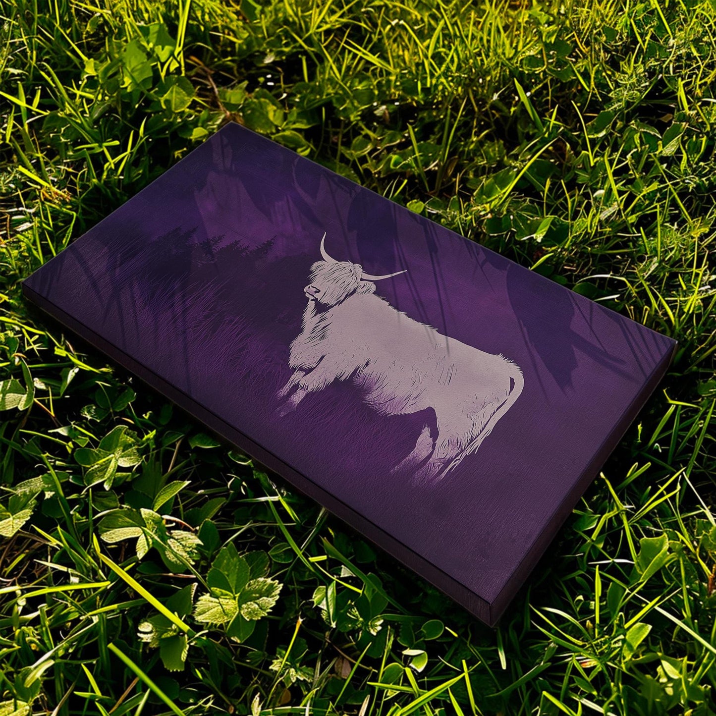 Highland Cow On The Purple Field Canvas Wall Art For Living Room, Landscape Boho Canvas Print, Rustic Large Canvas Art