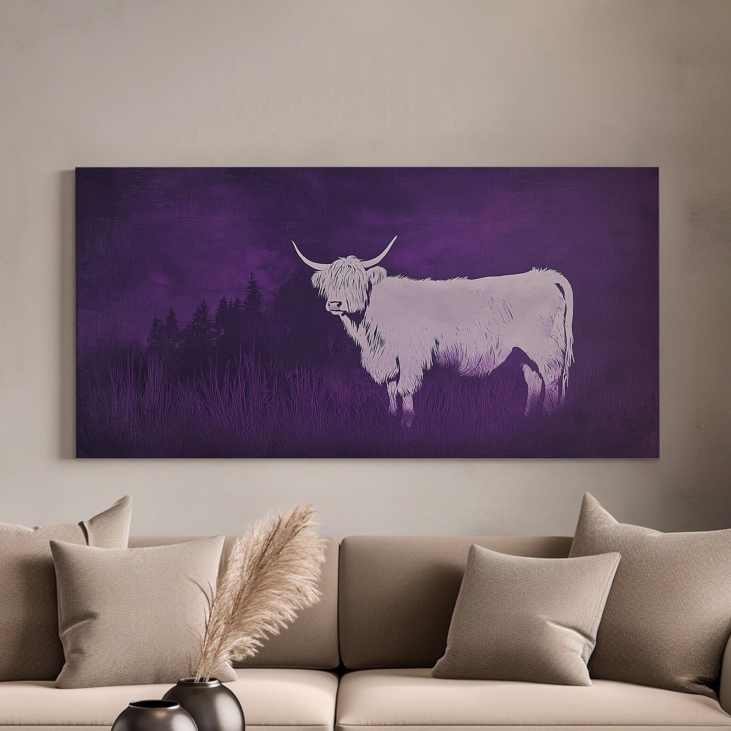 Highland Cow On The Purple Field Canvas Wall Art For Living Room, Landscape Boho Canvas Print, Rustic Large Canvas Art