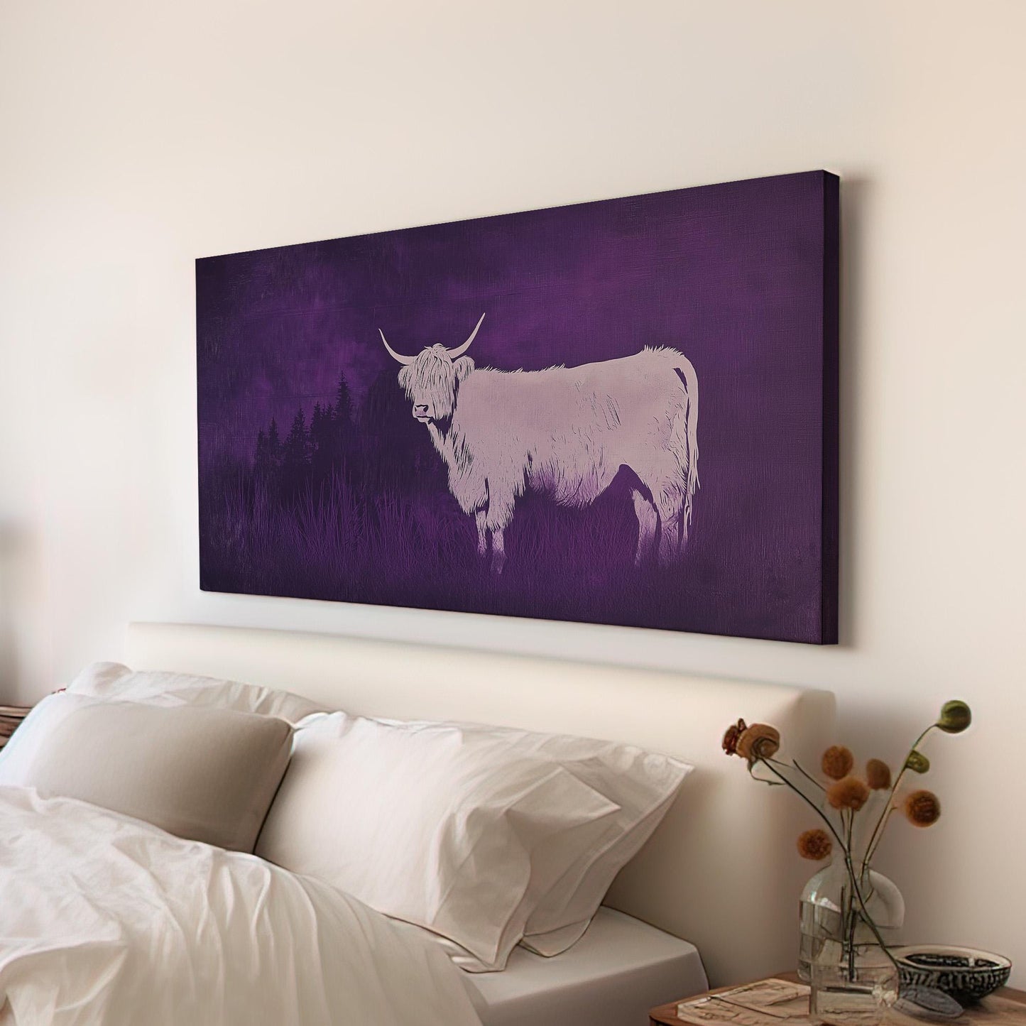 Highland Cow On The Purple Field Canvas Wall Art For Living Room, Landscape Boho Canvas Print, Rustic Large Canvas Art