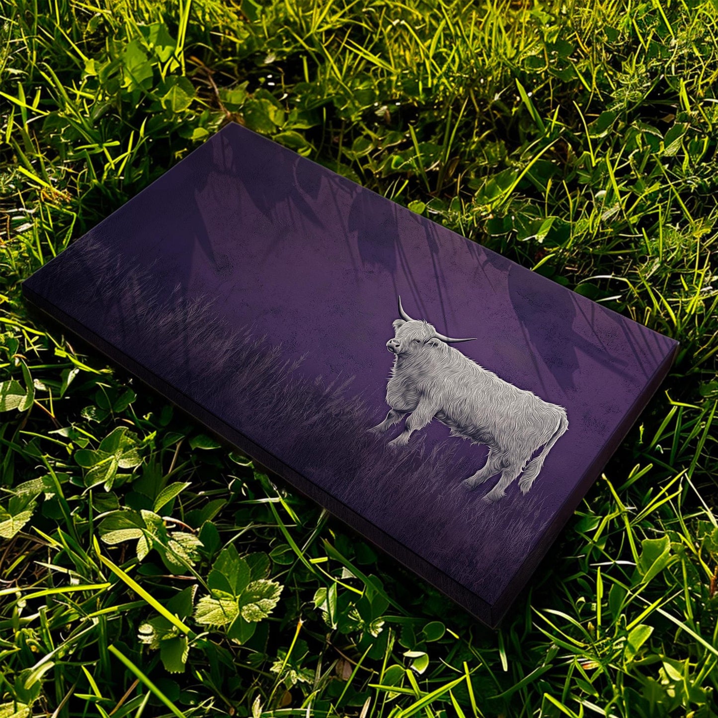 Highland Cow On The Field Canvas Wall Art For Living Room, Landscape Purple Canvas Print, Rustic Large Canvas Art