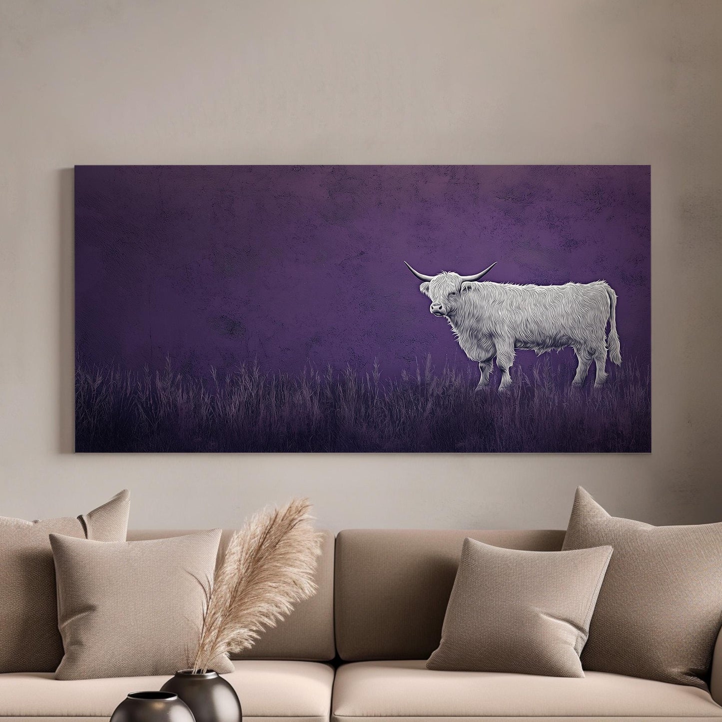 Highland Cow On The Field Canvas Wall Art For Living Room, Landscape Purple Canvas Print, Rustic Large Canvas Art