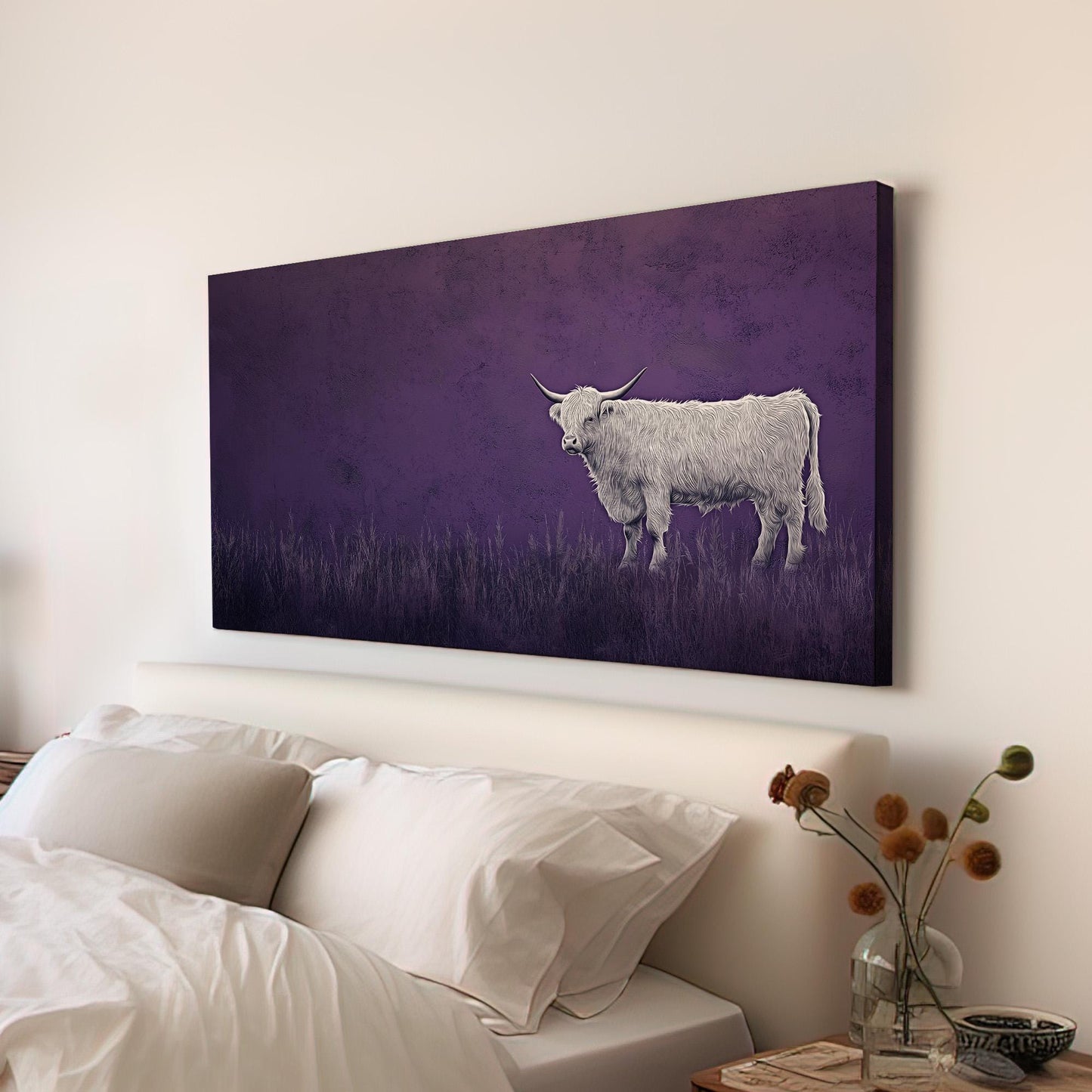 Highland Cow On The Field Canvas Wall Art For Living Room, Landscape Purple Canvas Print, Rustic Large Canvas Art