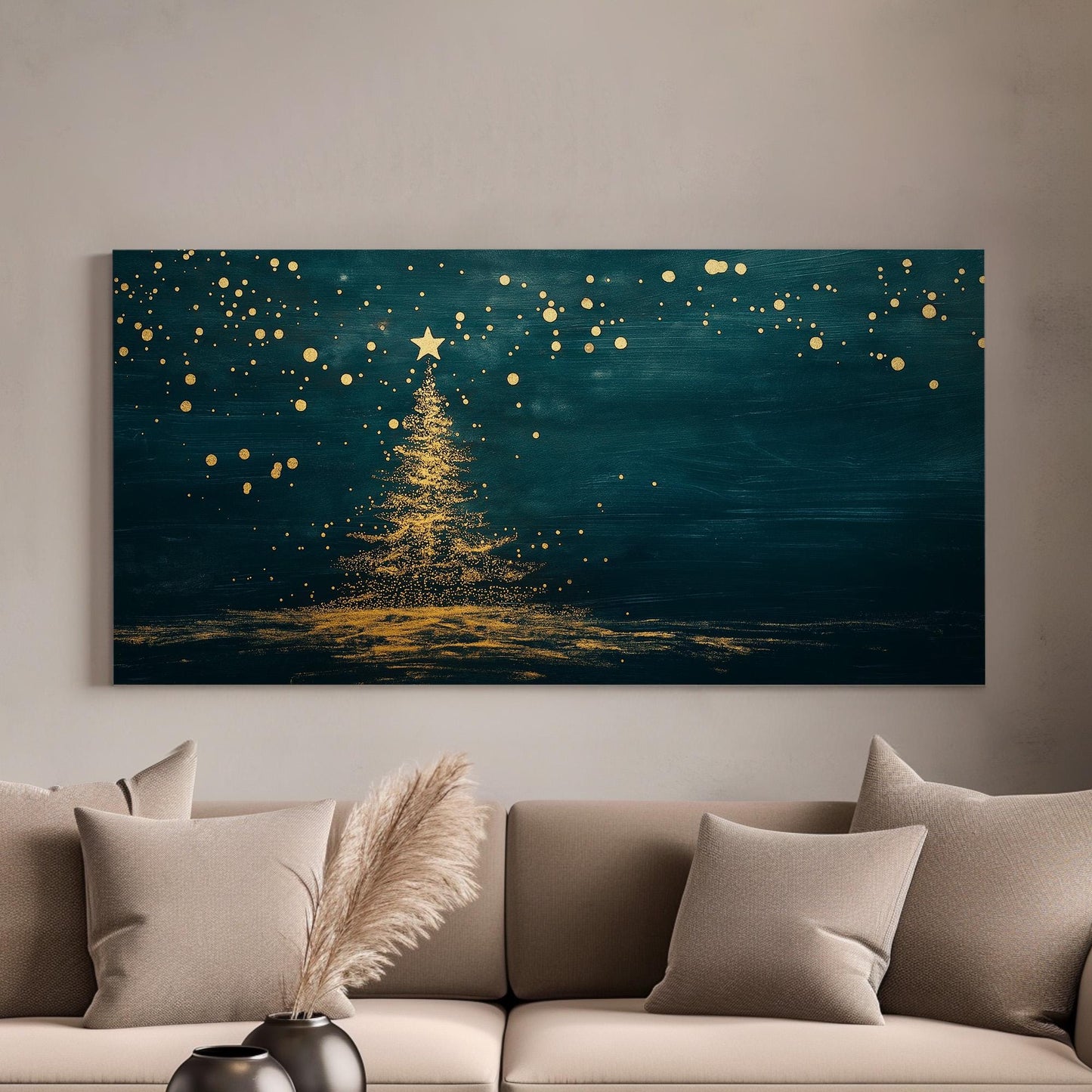 Gold Magical Christmas Tree Canvas Wall Art For Living Room, Landscape Winter Canvas Print, Farmhouse Large Canvas Art