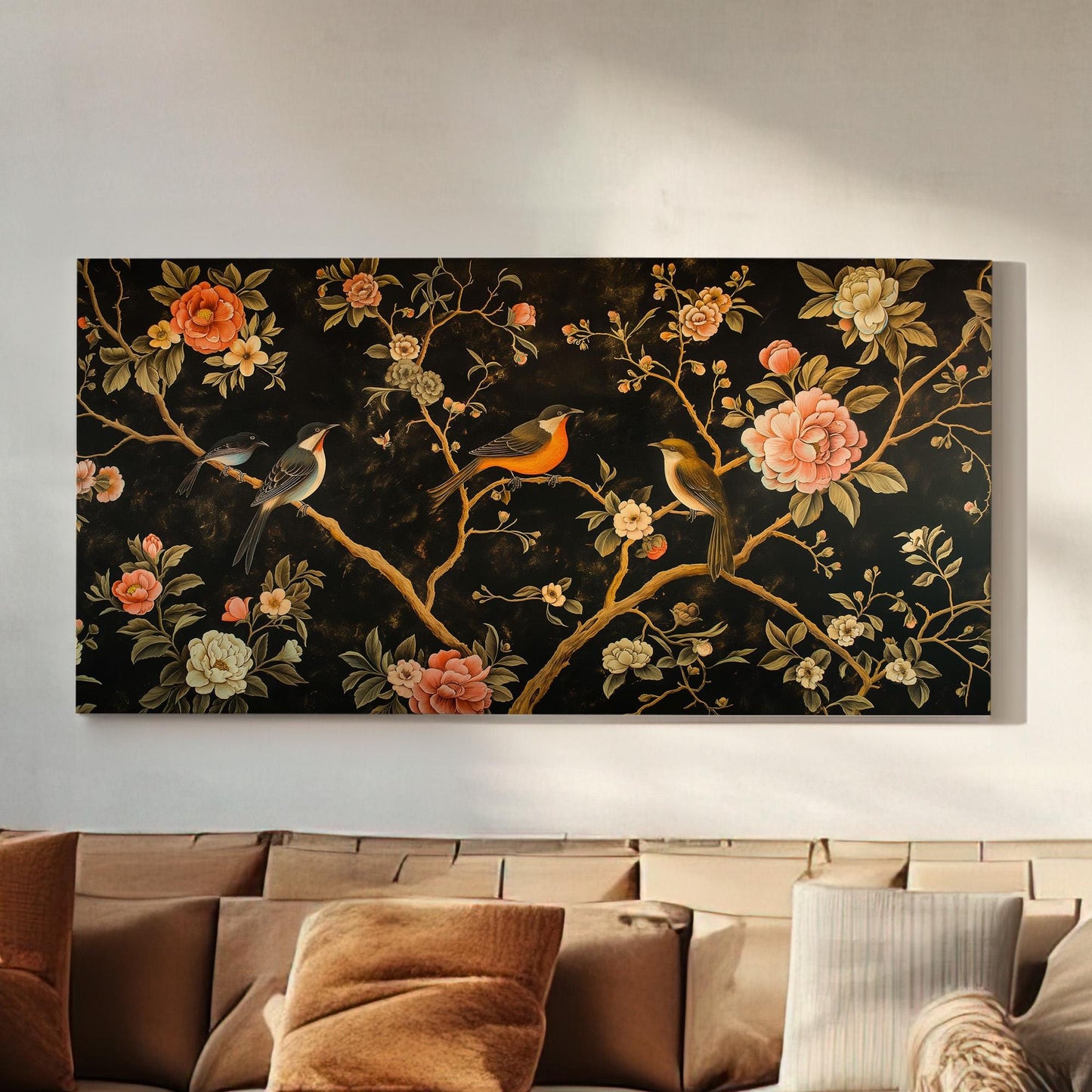 Birds Family On Flowers Canvas Wall Art For Bedroom, Landscape Birds Canvas Print, Floral Large Canvas Art