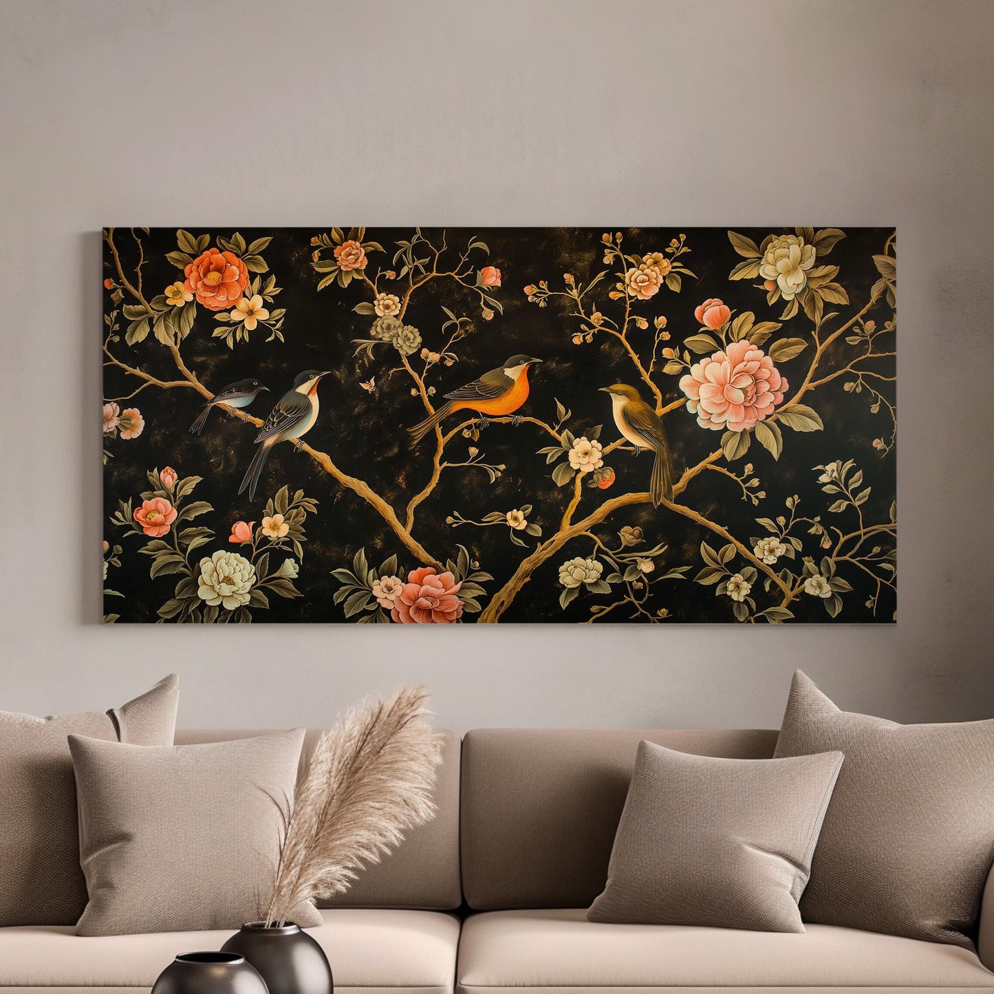 Birds Family On Flowers Canvas Wall Art For Bedroom, Landscape Birds Canvas Print, Floral Large Canvas Art