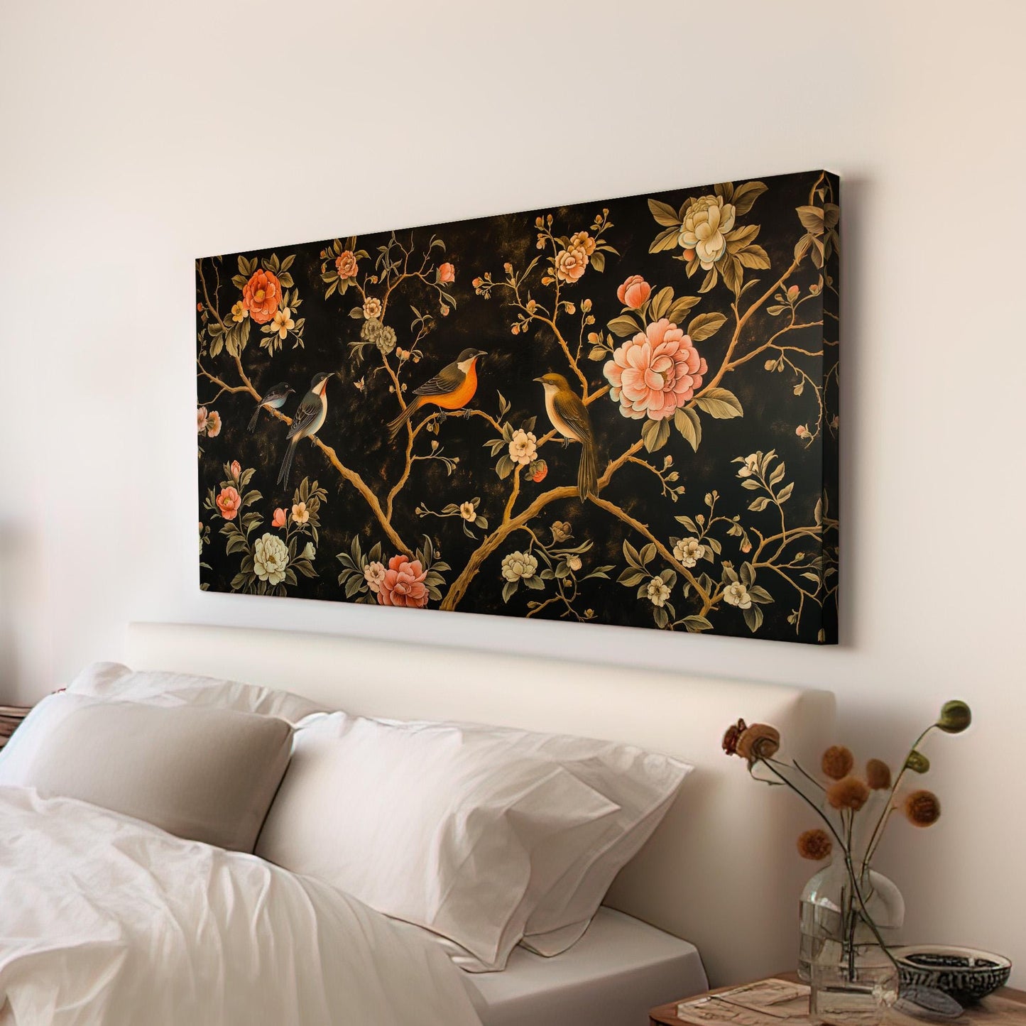 Birds Family On Flowers Canvas Wall Art For Bedroom, Landscape Birds Canvas Print, Floral Large Canvas Art