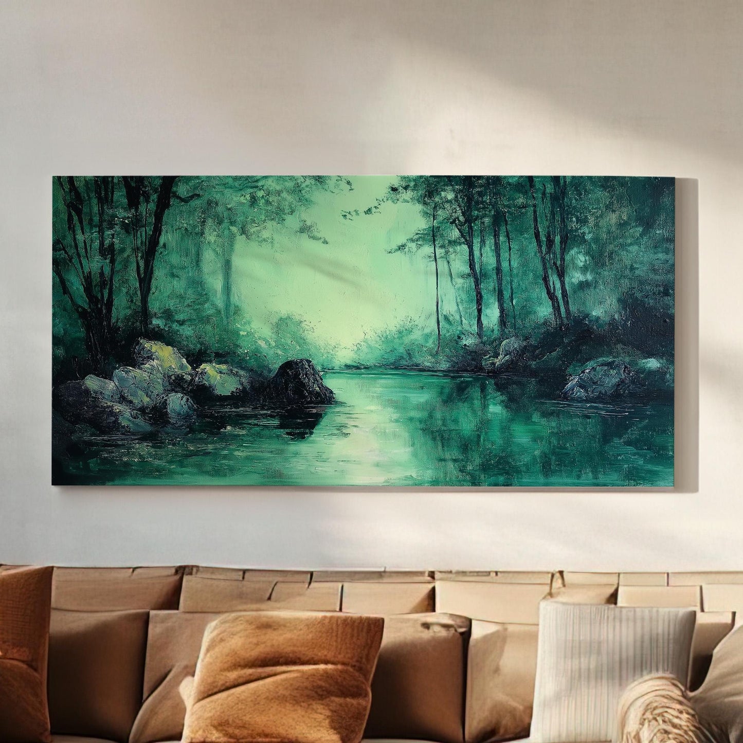 Emerald Forest Canvas Wall Art For Living Room, Landscape Pond Landscape Canvas Print, Rustic Country Large Canvas Art