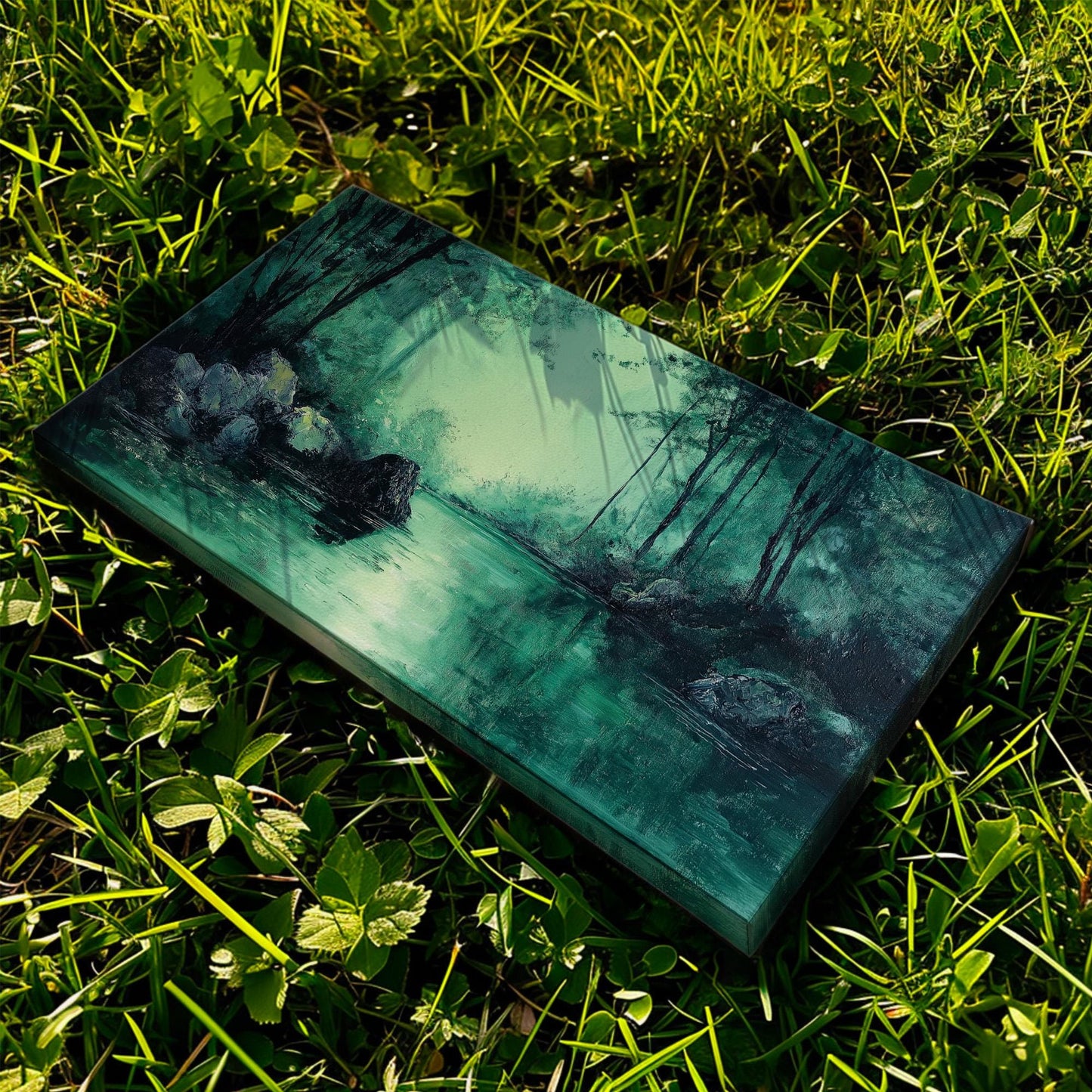 Emerald Forest Canvas Wall Art For Living Room, Landscape Pond Landscape Canvas Print, Rustic Country Large Canvas Art