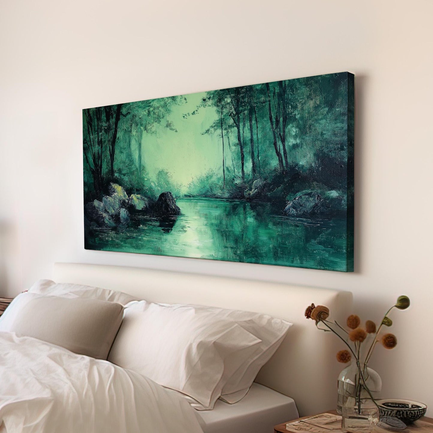 Emerald Forest Canvas Wall Art For Living Room, Landscape Pond Landscape Canvas Print, Rustic Country Large Canvas Art