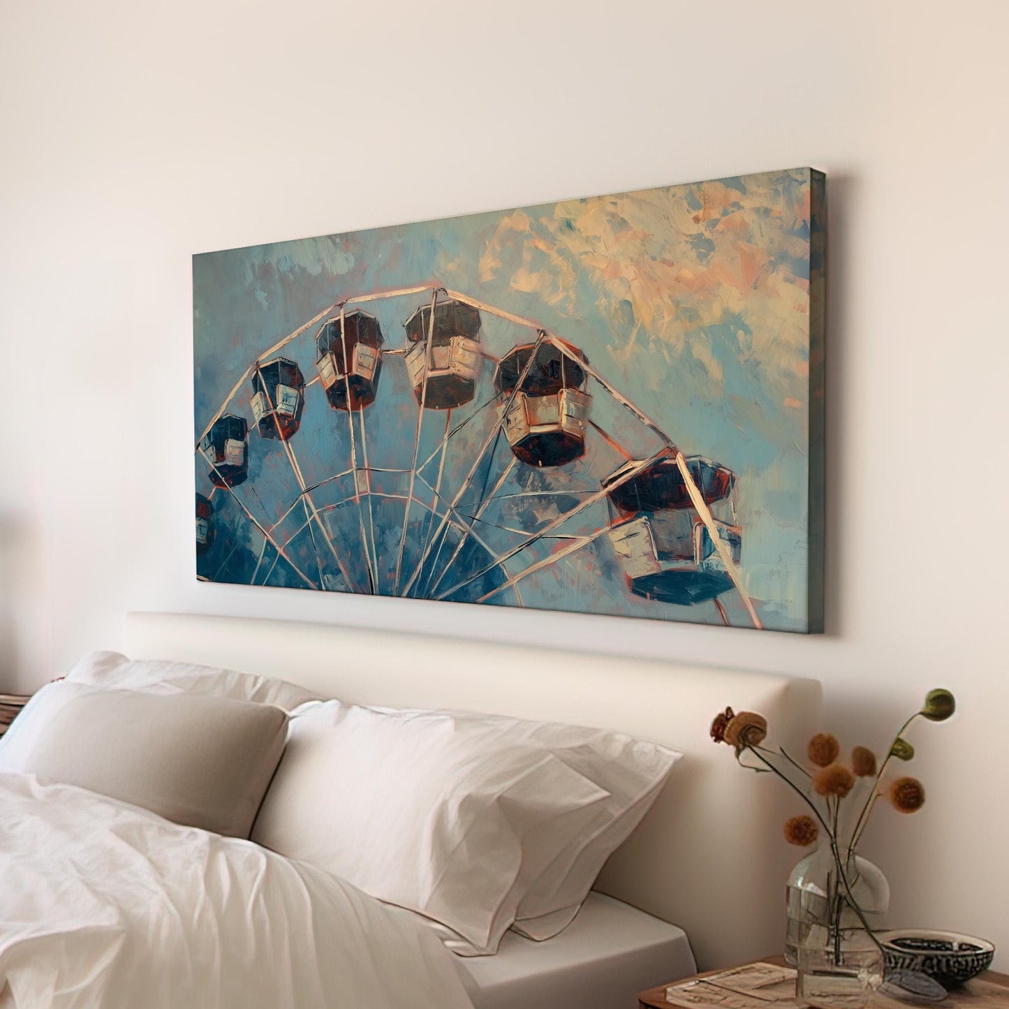 Ferris Wheel At Dusk Canvas Wall Art For Living Room, Landscape Amusement Park Canvas Print, Rustic Americana Large Canvas Art