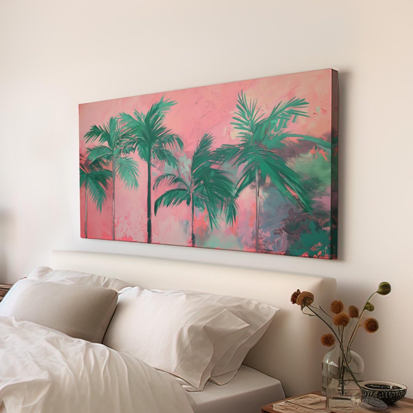 Florida Palm Tree in Pink Storm Canvas Wall Art For Living Room, Landscape Tropical Canvas Print, Summer Large Canvas Art