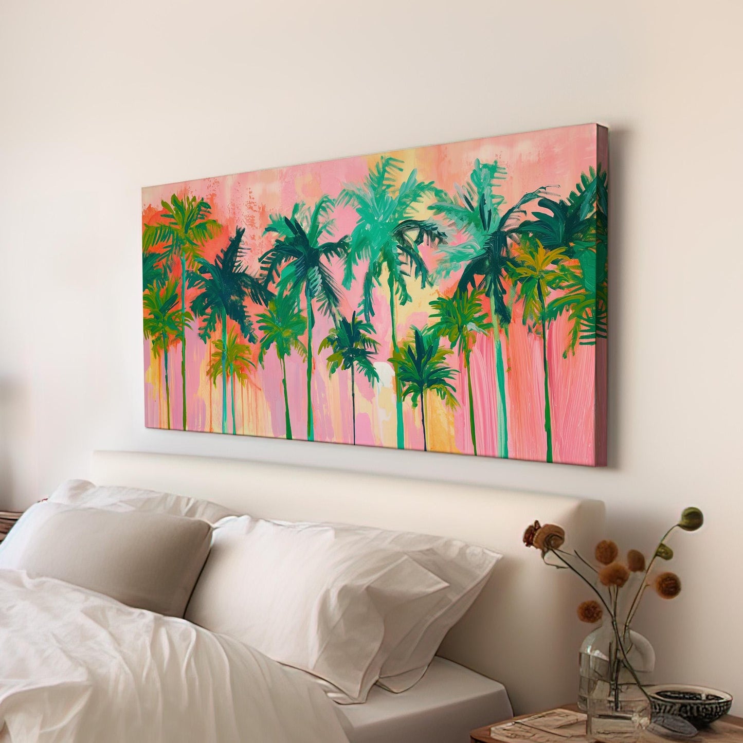 Florida Palm Tree Pink Canvas Wall Art For Living Room, Landscape Tropical Canvas Print, Summer Large Canvas Art