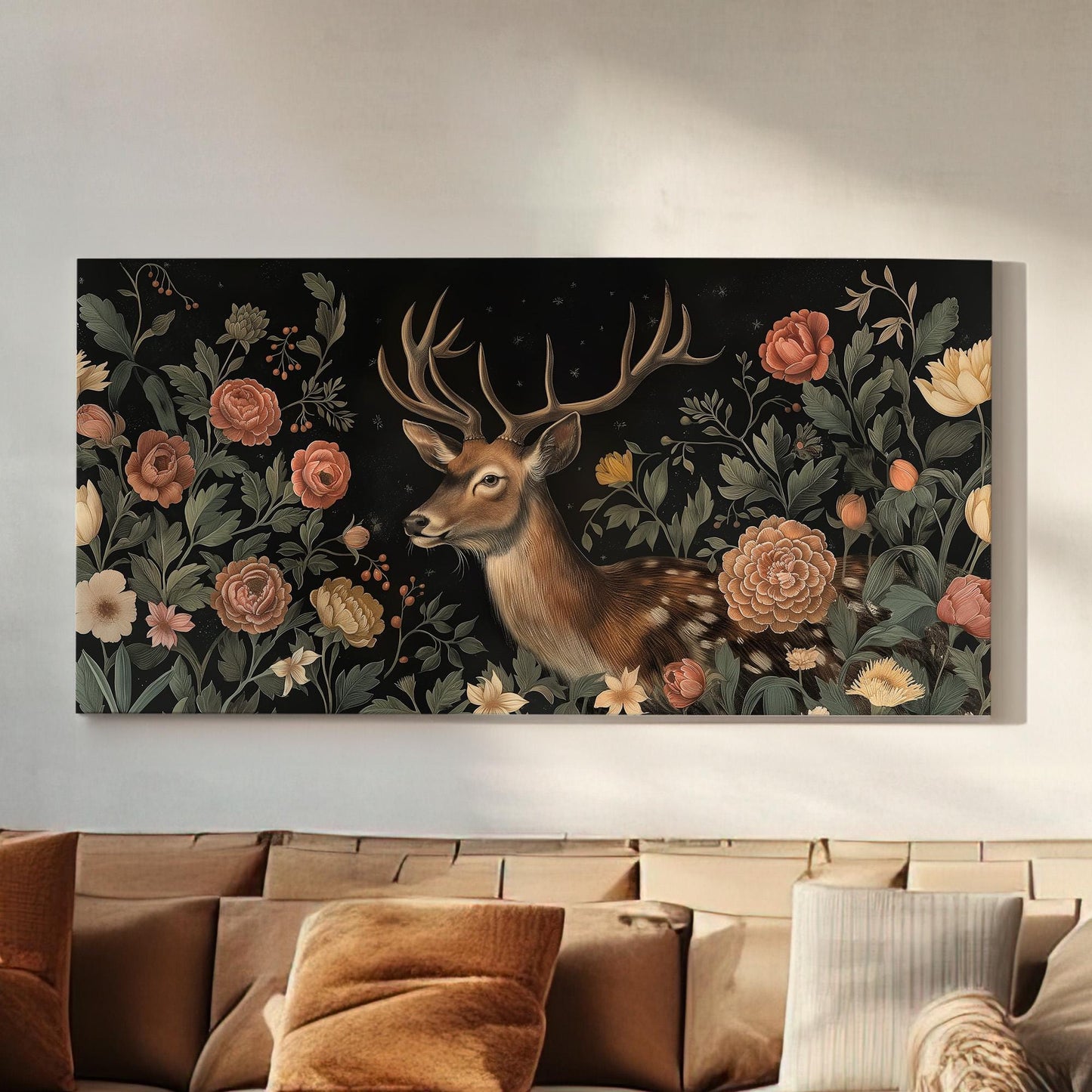 Flowers Around a Deer Canvas Wall Art For Living Room, Landscape Floral Canvas Print, Antlers Large Canvas Art