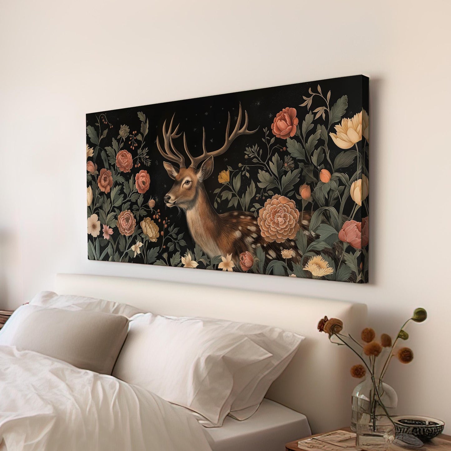 Flowers Around a Deer Canvas Wall Art For Living Room, Landscape Floral Canvas Print, Antlers Large Canvas Art