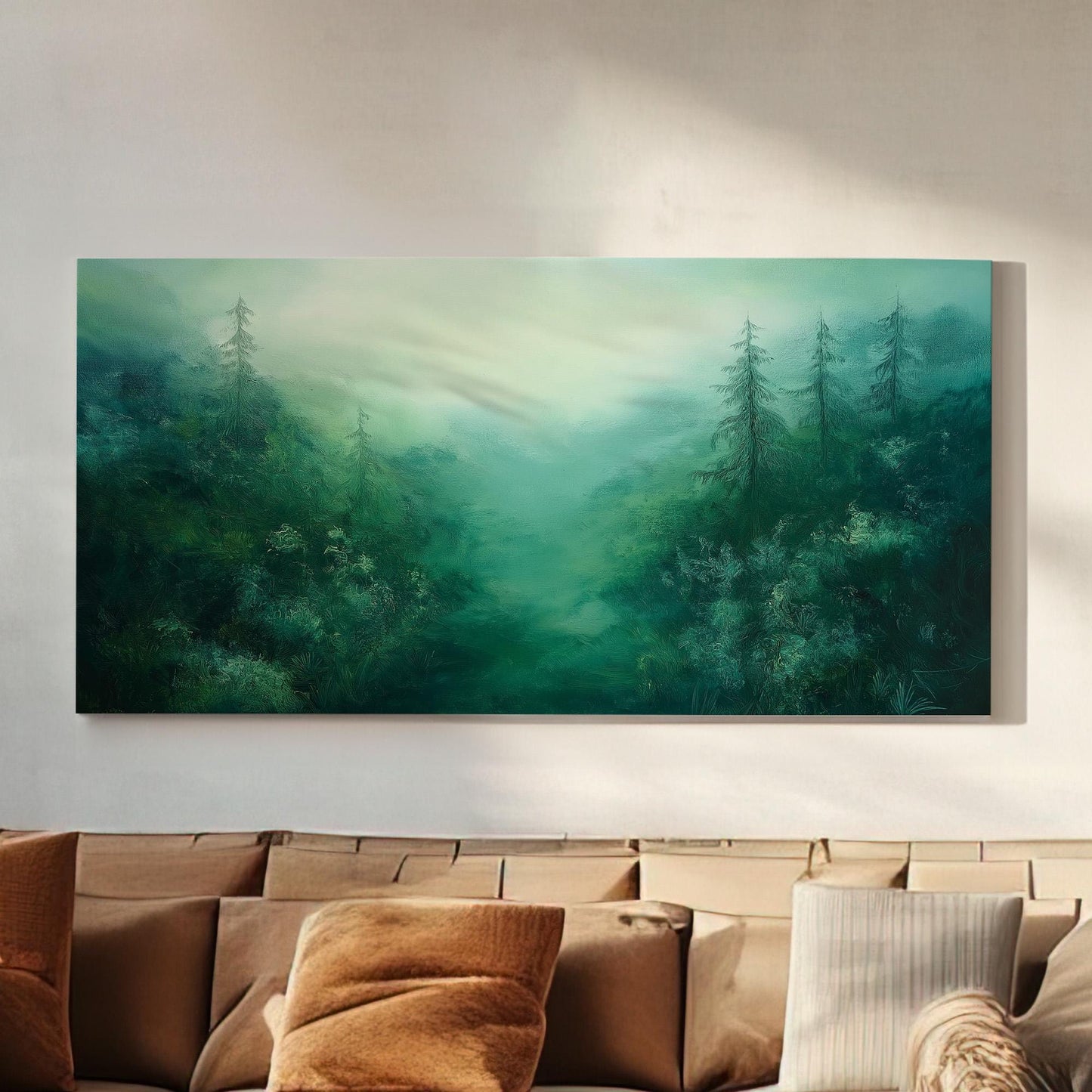 Foggy Emerald Forest Canvas Wall Art For Living Room, Landscape Pond Landscape Canvas Print, Rustic Country Large Canvas Art