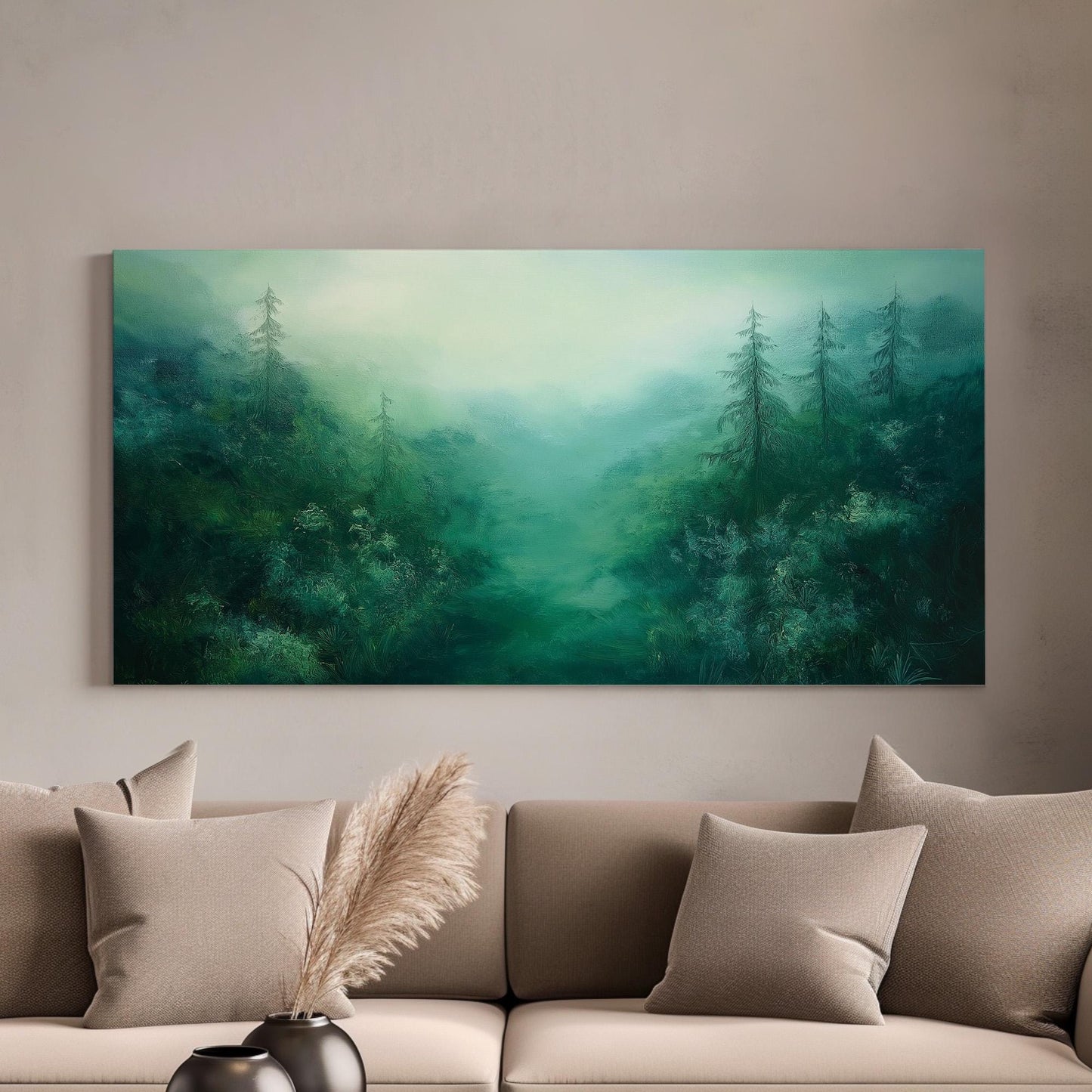 Foggy Emerald Forest Canvas Wall Art For Living Room, Landscape Pond Landscape Canvas Print, Rustic Country Large Canvas Art