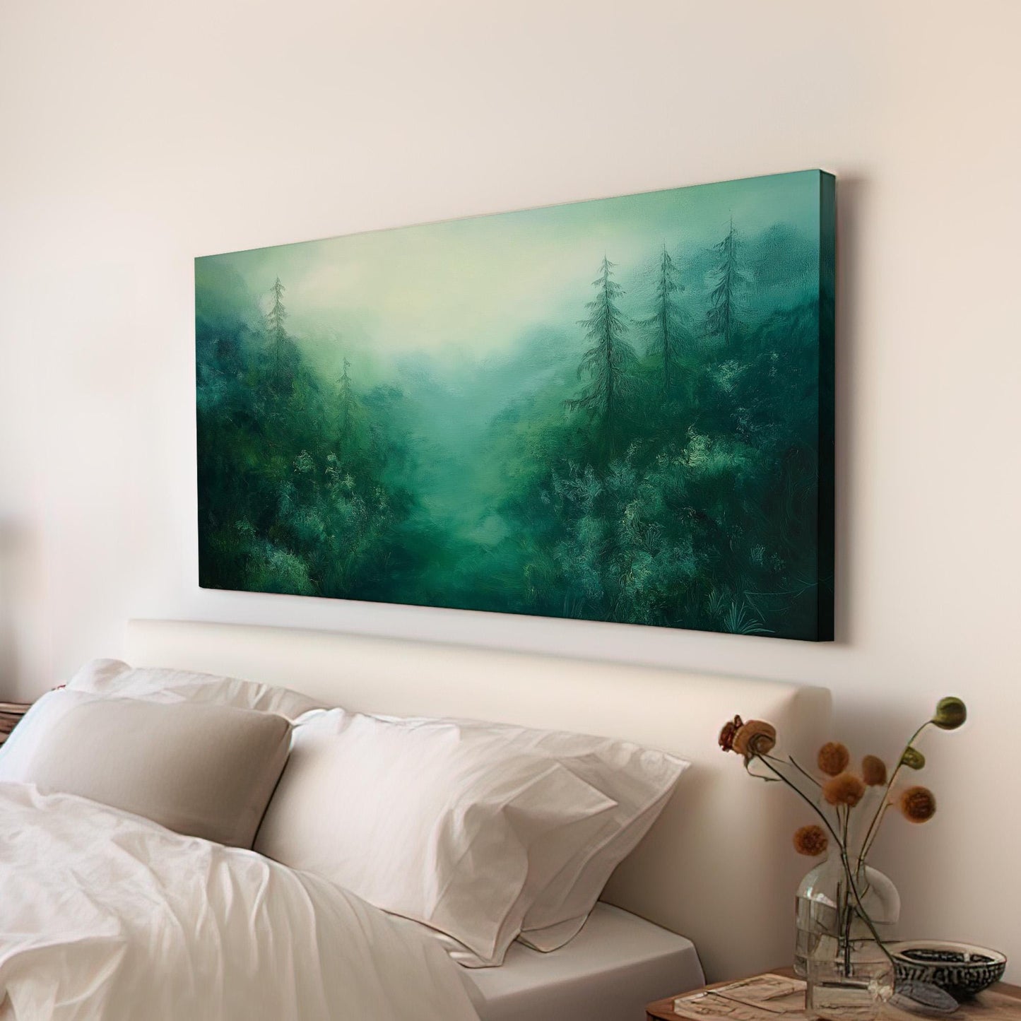 Foggy Emerald Forest Canvas Wall Art For Living Room, Landscape Pond Landscape Canvas Print, Rustic Country Large Canvas Art