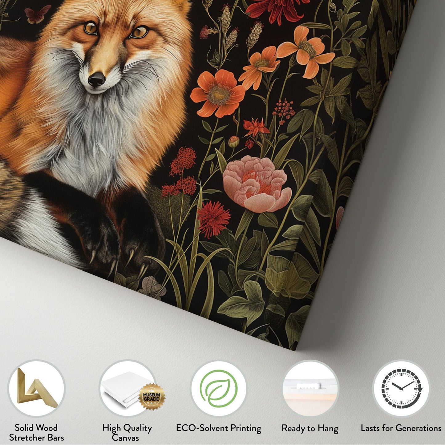 Fox In The Forest Canvas Wall Art For Living Room, Landscape Colorful Flowers Canvas Print, Renaissance Large Canvas Art