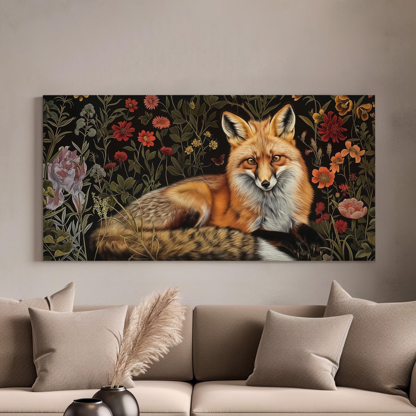 Fox In The Forest Canvas Wall Art For Living Room, Landscape Colorful Flowers Canvas Print, Renaissance Large Canvas Art