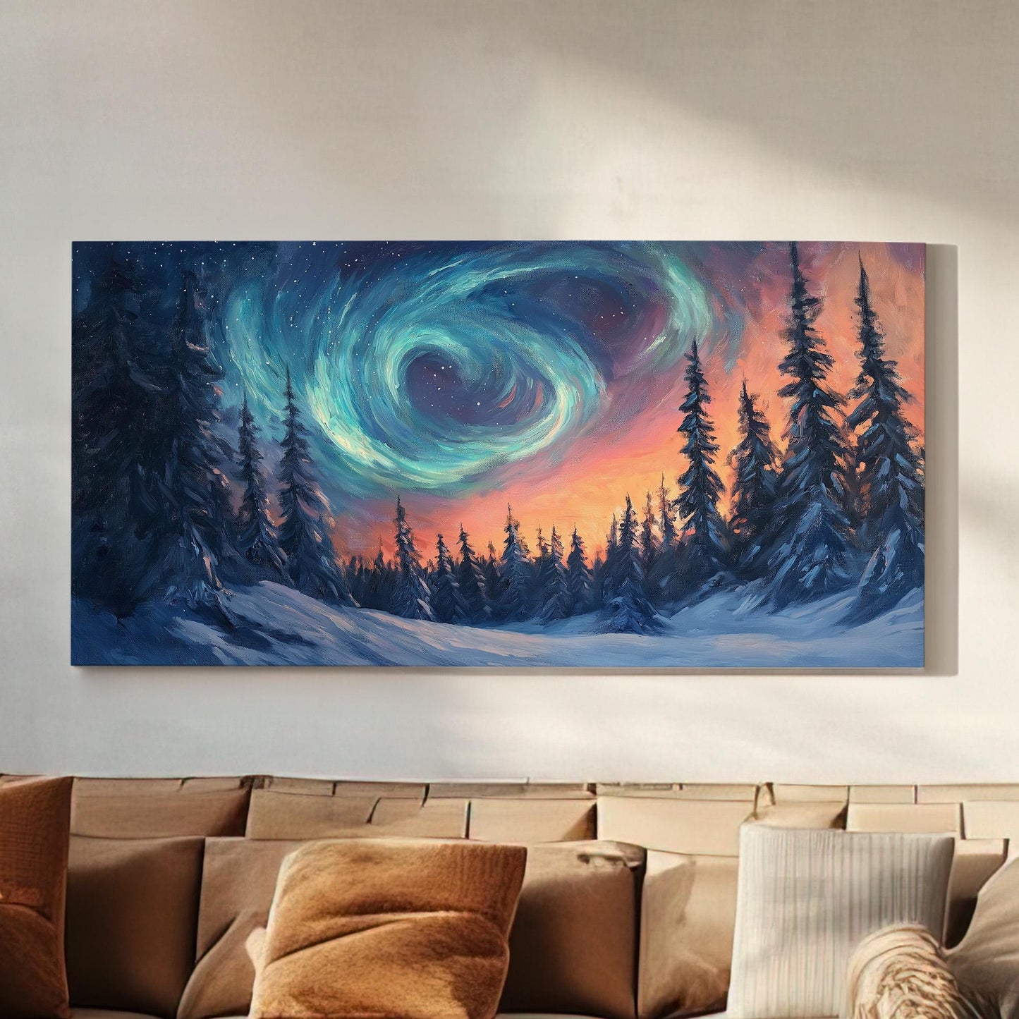 Swirling Colorful Sky Canvas Wall Art For Living Room, Landscape Starry Sky Canvas Print, Aurora Borealis Large Canvas Art