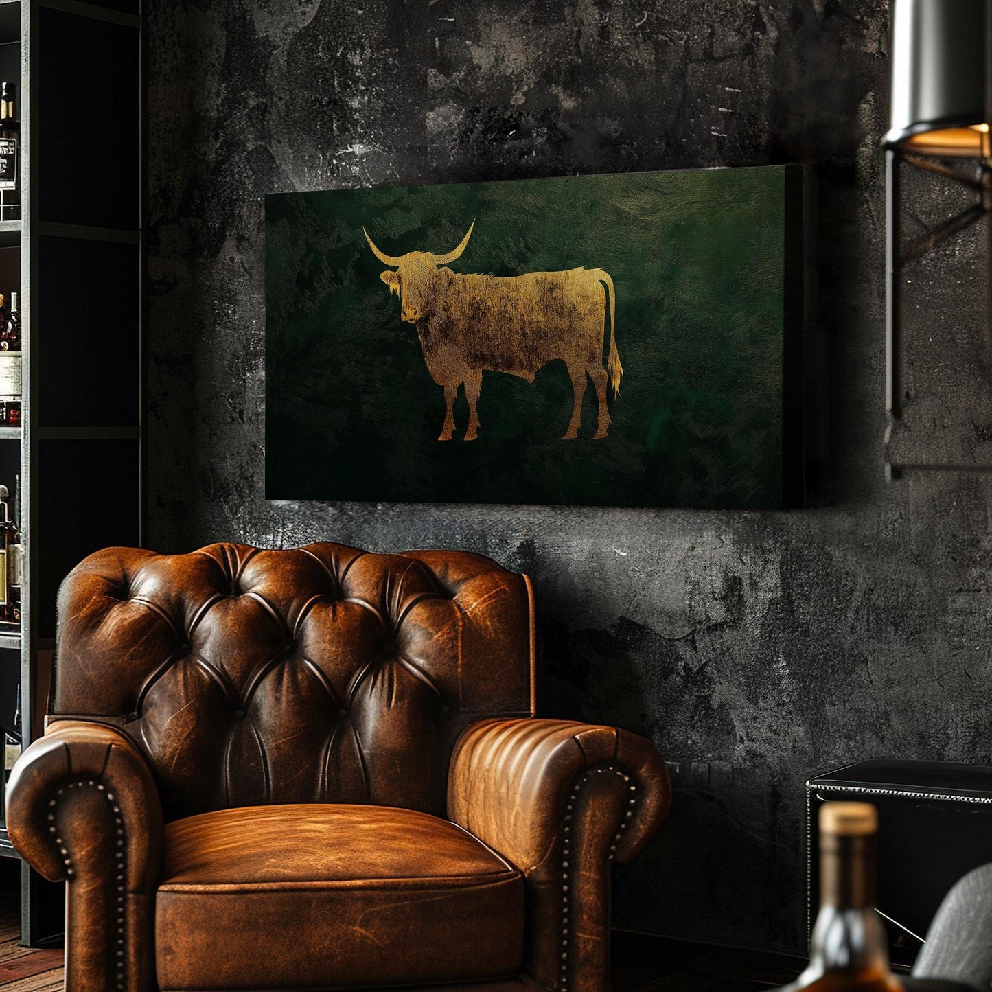 Vintage Gold Highland Cow Canvas Wall Art For Living Room, Landscape Dark Green Canvas Print, Rustic Large Canvas Art