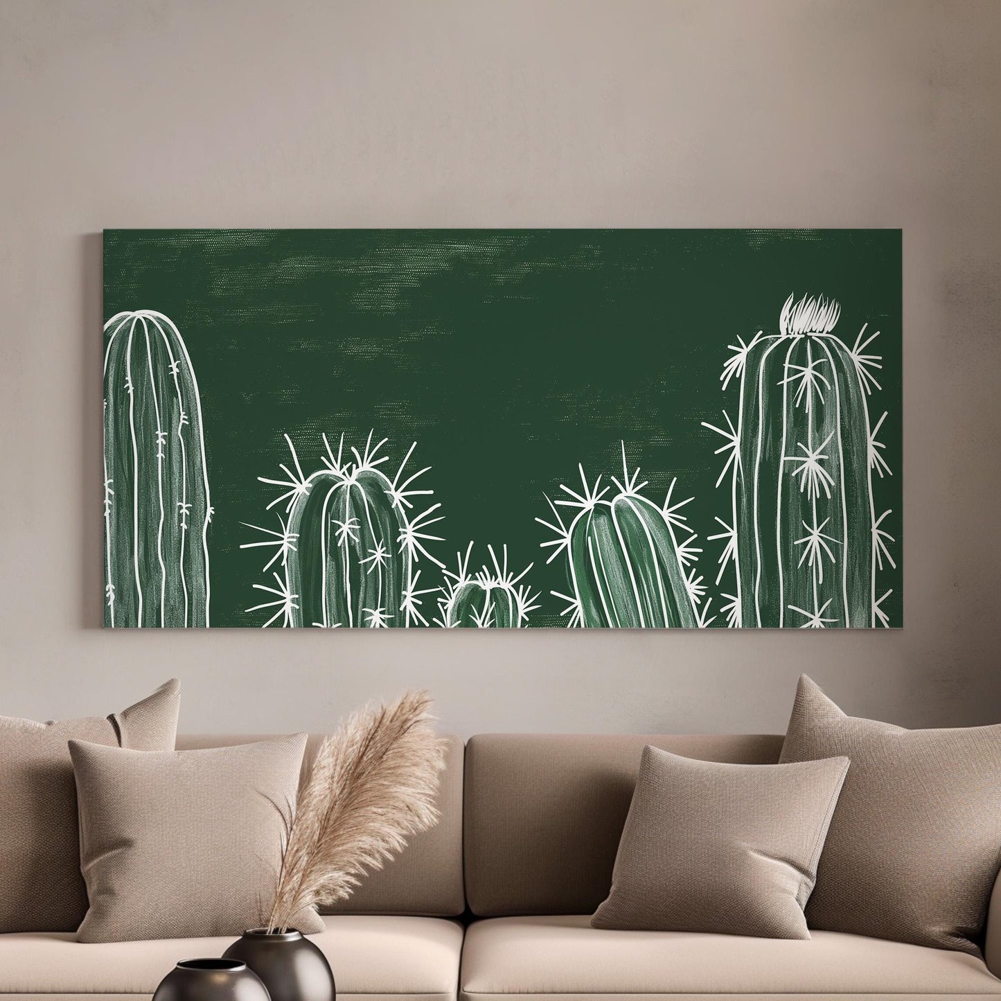 Vintage Green Cactus Canvas Wall Art For Living Room, Landscape Southwestern Canvas Print, Cacti Large Canvas Art