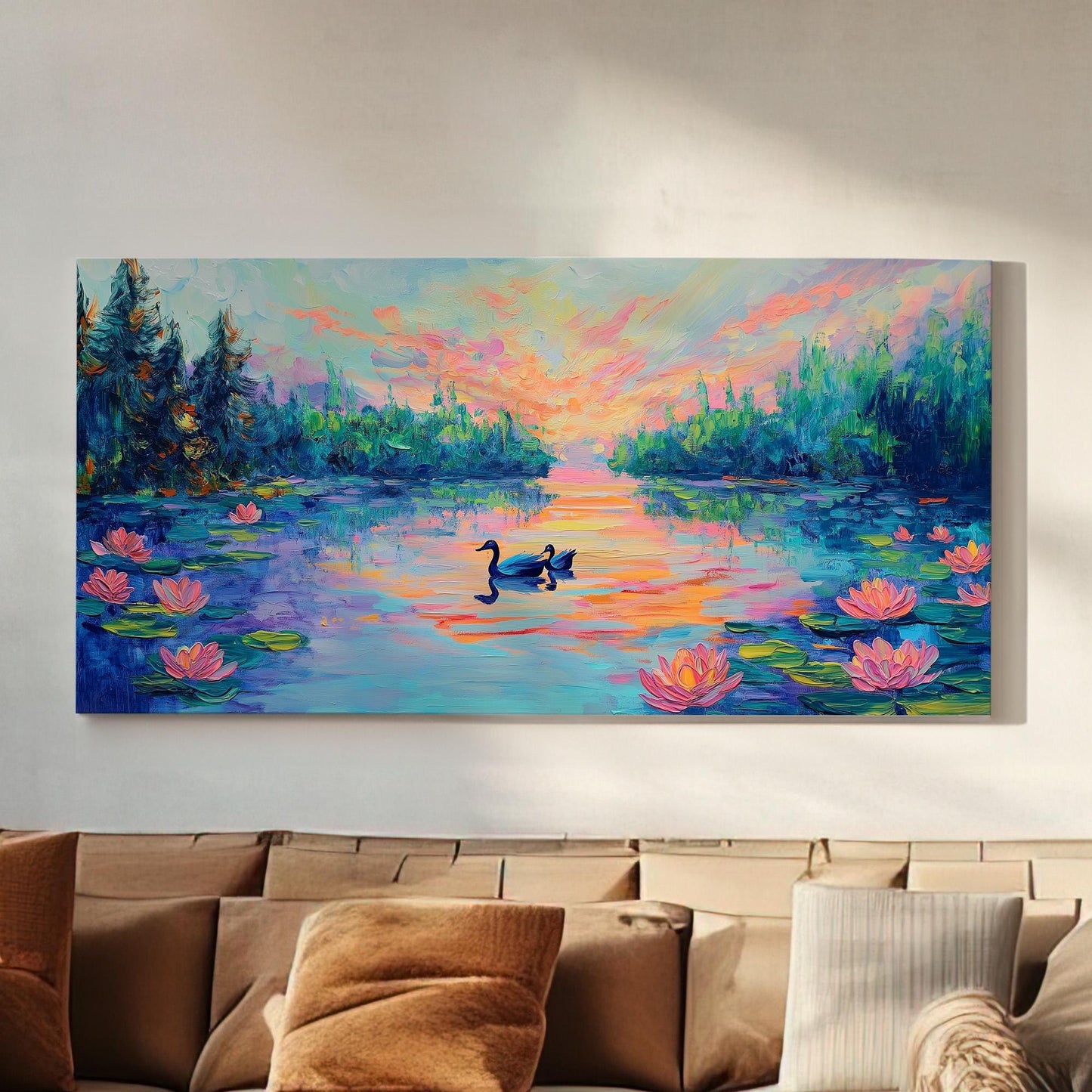 Beautiful Colors at the Lotus Lake Canvas Wall Art For Bedroom, Landscape Quiet Pond Canvas Print, Tranquil Large Canvas Art